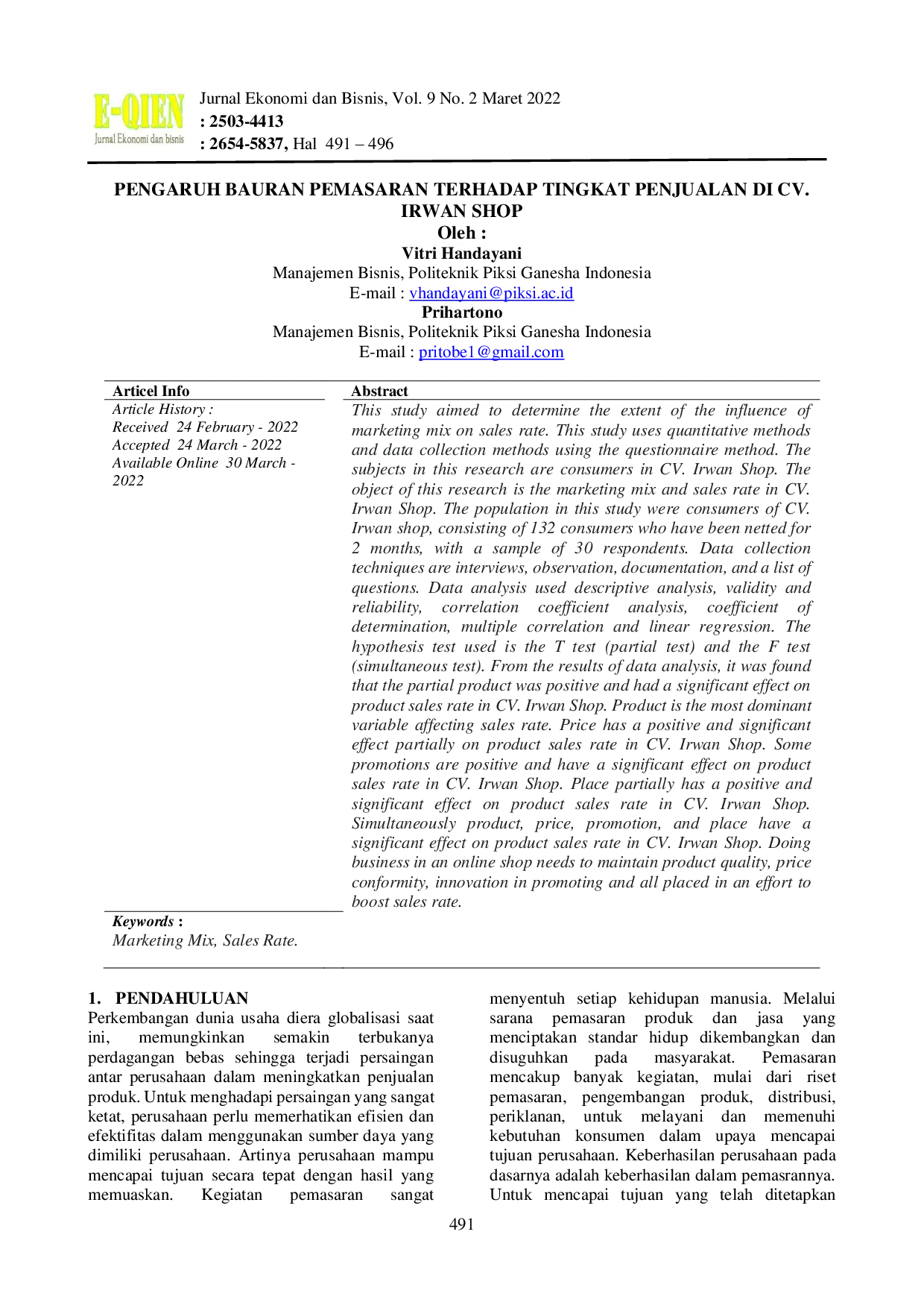 JURIS Pengaruh Bauran Pemasaran Terhadap Tingkat Penjualan Di Cv Irwan Shop
