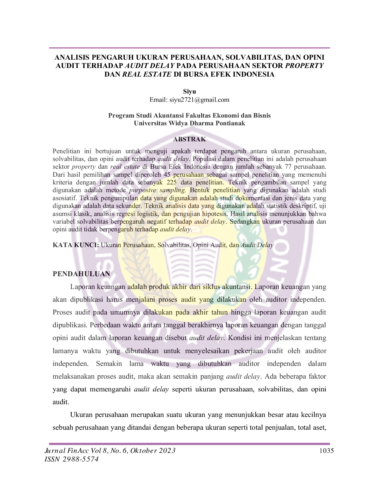 JURIS Analisis Pengaruh Ukuran Perusahaan Solvabilitas Dan Opini Audit Terhadap Audit Delay Pada Perusahaan Sektor Property Dan Real Estate Di Bursa Efek Indonesia