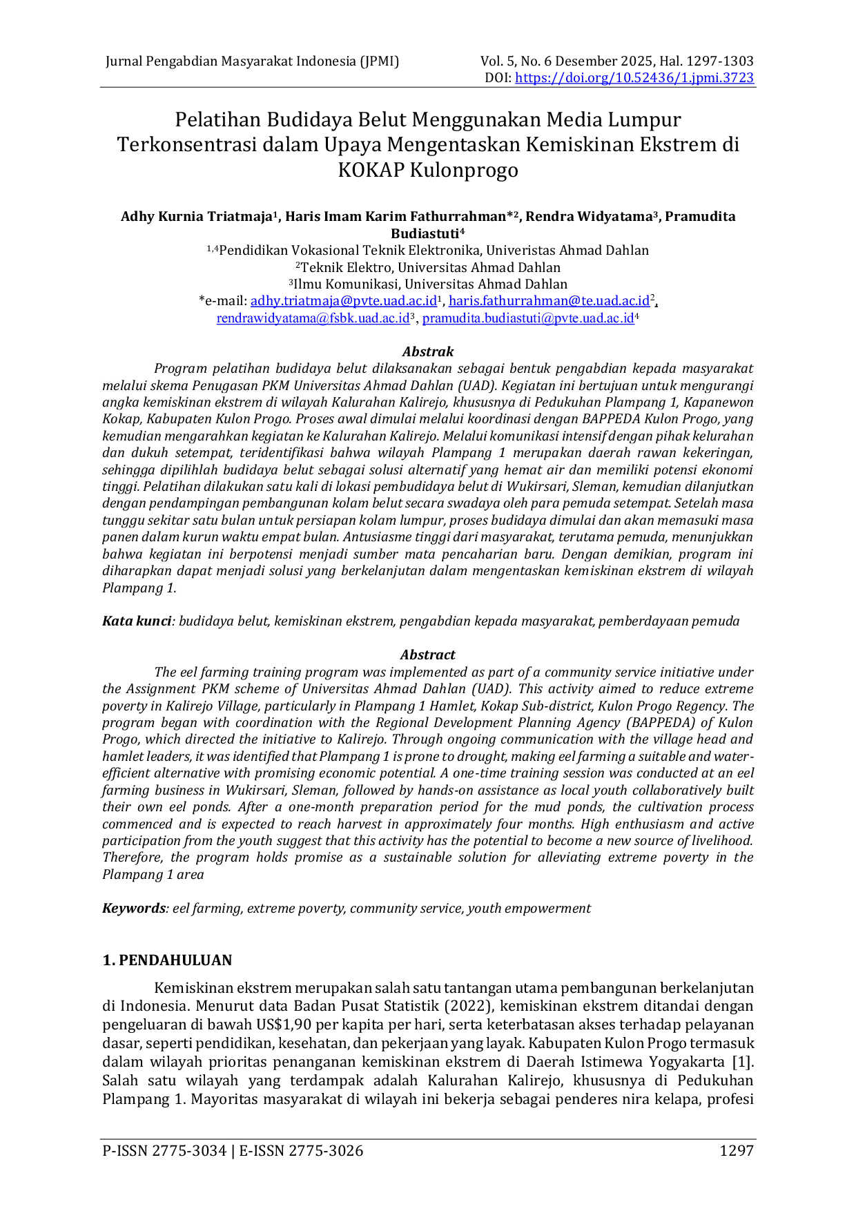 JURIS Pelatihan Budidaya Belut Menggunakan Media Lumpur Terkonsentrasi dalam Upaya Mengentaskan Kemiskinan Ekstrem di KOKAP Kulonprogo