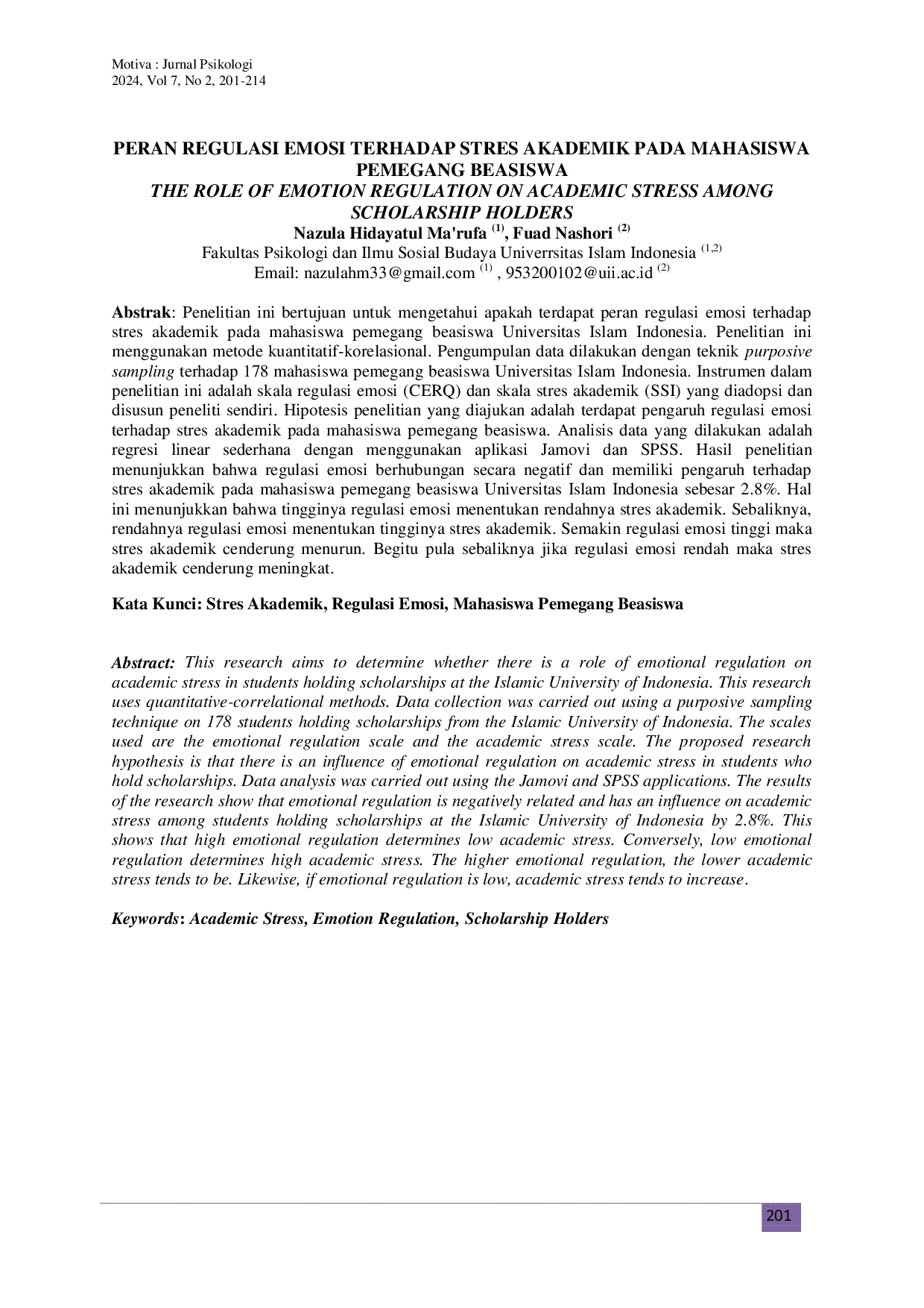 JURIS Peran Regulasi Emosi Terhadap Stres Akademik Pada Mahasiswa Pemegang Beasiswa