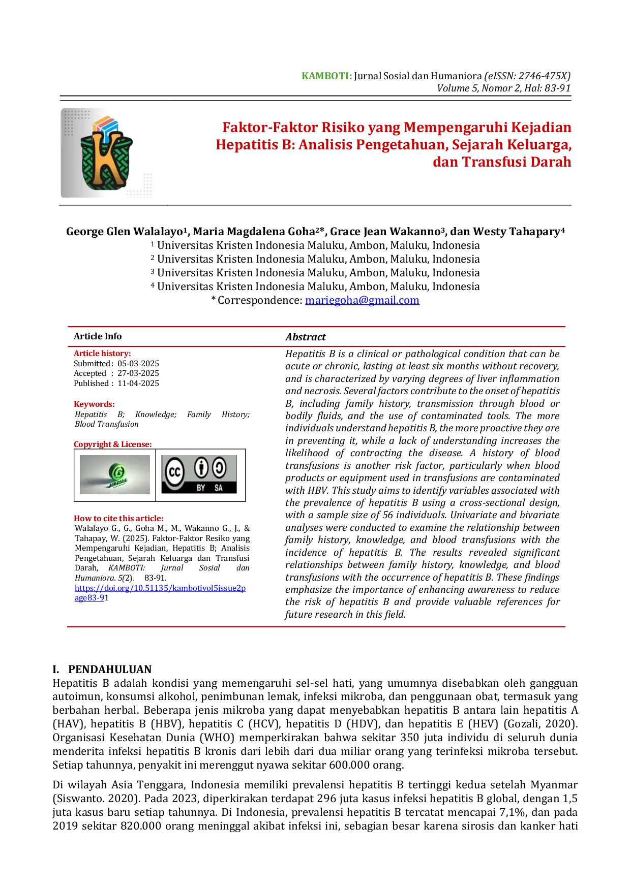 JURIS Faktor Faktor Risiko yang Mempengaruhi Kejadian Hepatitis B Analisis Pengetahuan Sejarah Keluarga dan Transfusi Darah