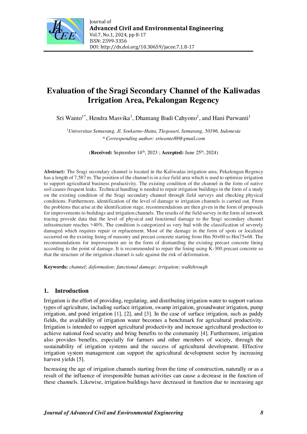 JURIS Evaluation of the Sragi Secondary Channel of the Kaliwadas Irrigation Area Pekalongan Regency