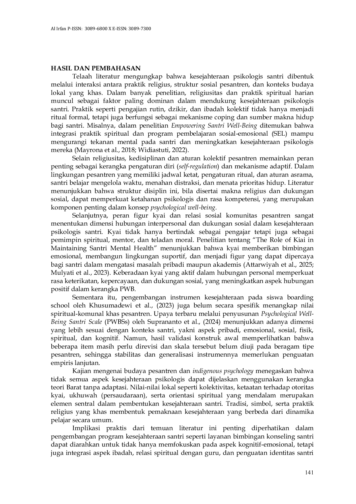 JURIS Kesejahteraan Psikologis Santri dalam Perspektif Budaya dan Indigenous Psychology