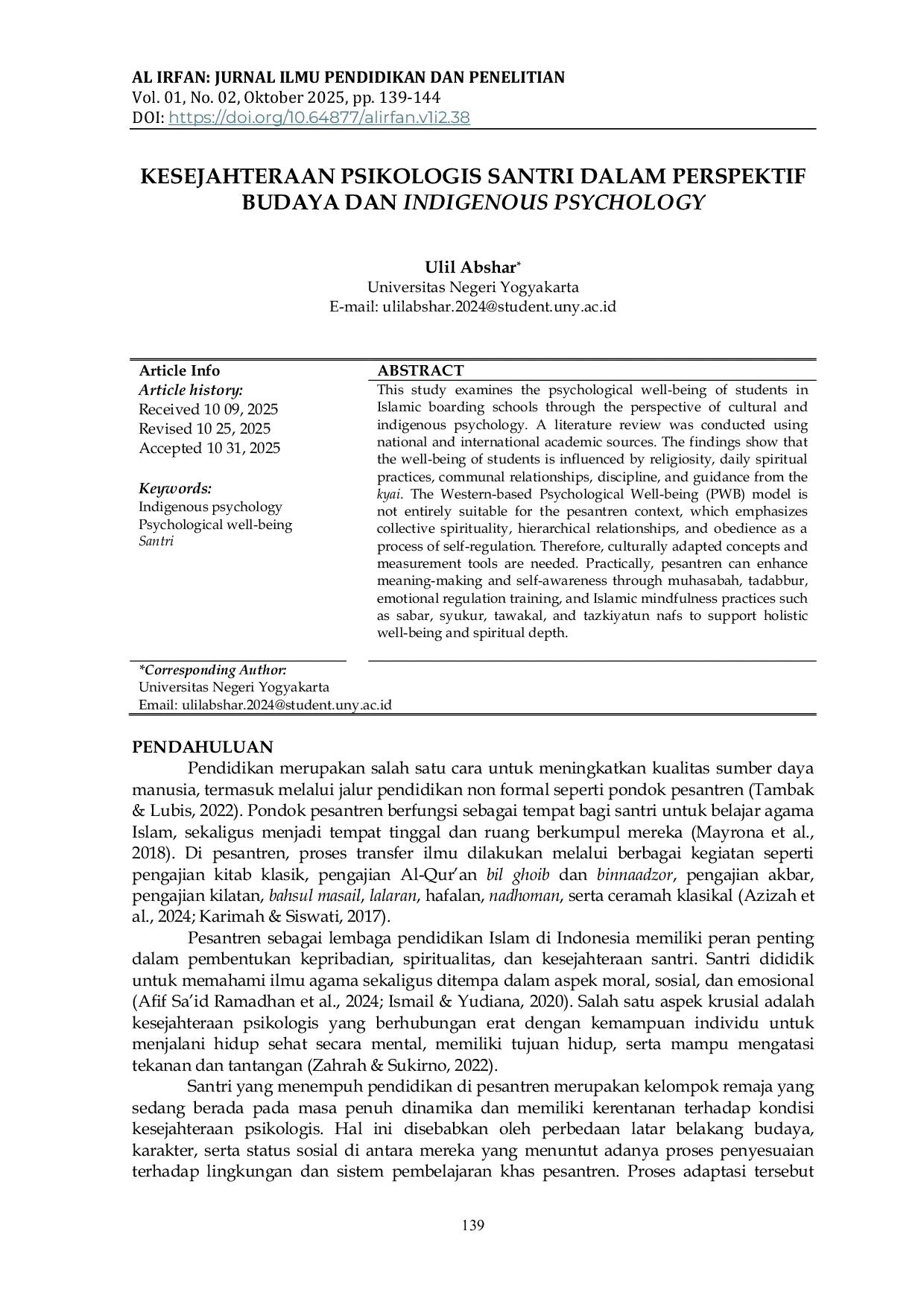 JURIS Kesejahteraan Psikologis Santri dalam Perspektif Budaya dan Indigenous Psychology