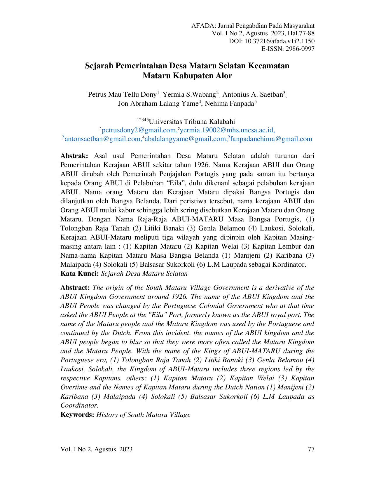 JURIS Sejarah Pemerintahan Desa Mataru Selatan Kecamatan Mataru Kabupaten Alor