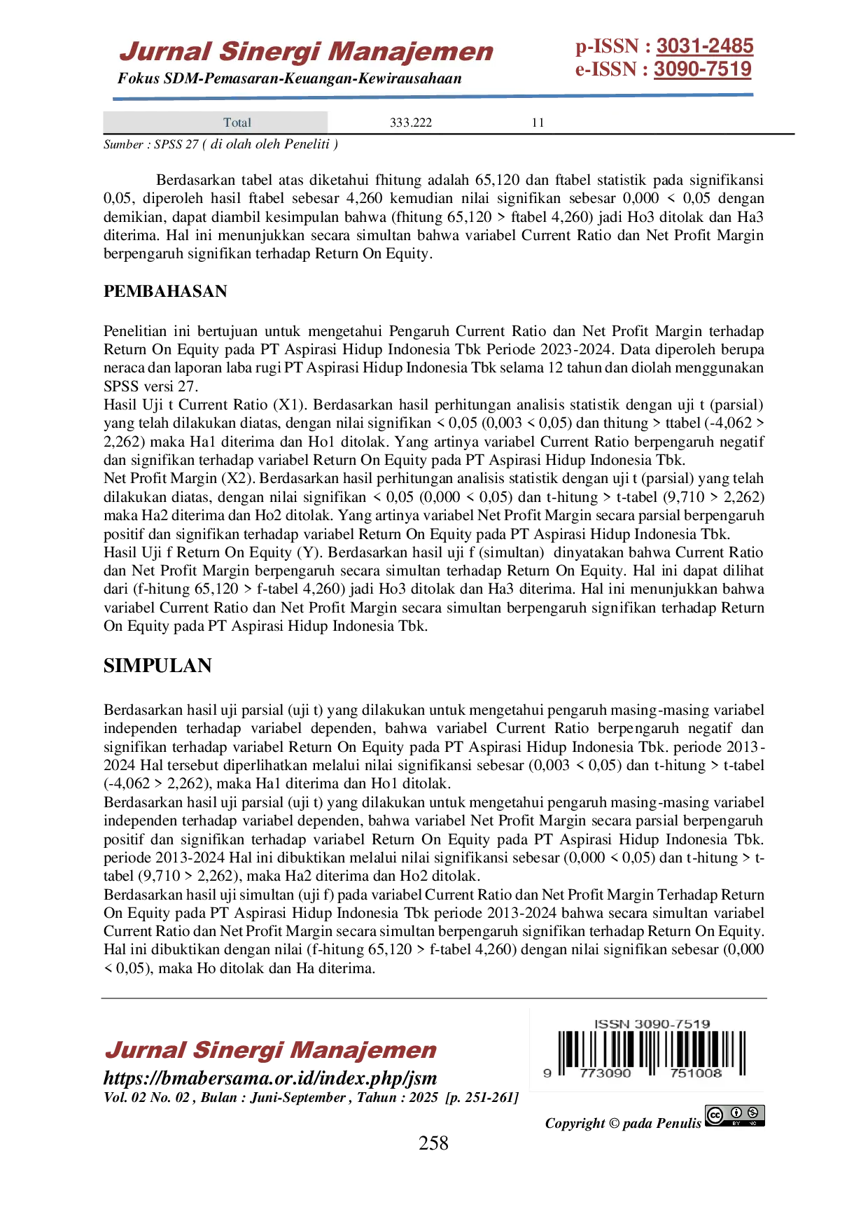 JURIS Pengaruh Current Ratio dan Net Profit Margin terhadap Return On Equity pada PT Aspirasi Hidup Indonesia Tbk Periode 2013 2024