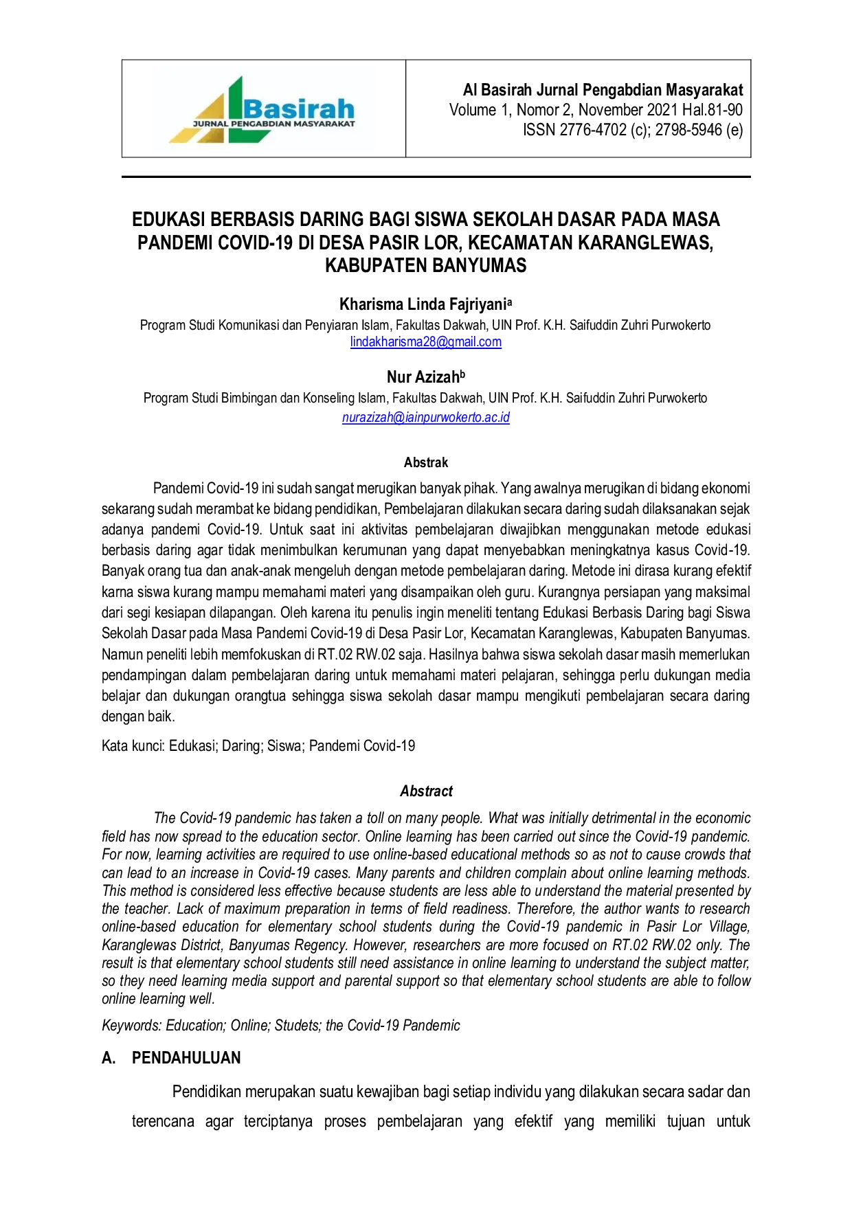 JURIS Edukasi Berbasis Daring Bagi Siswa Sekolah Dasar Pada Masa Pandemi Covid 19 Di Desa Pasir Lor Kecamatan Karanglewas Kabupaten Banyumas