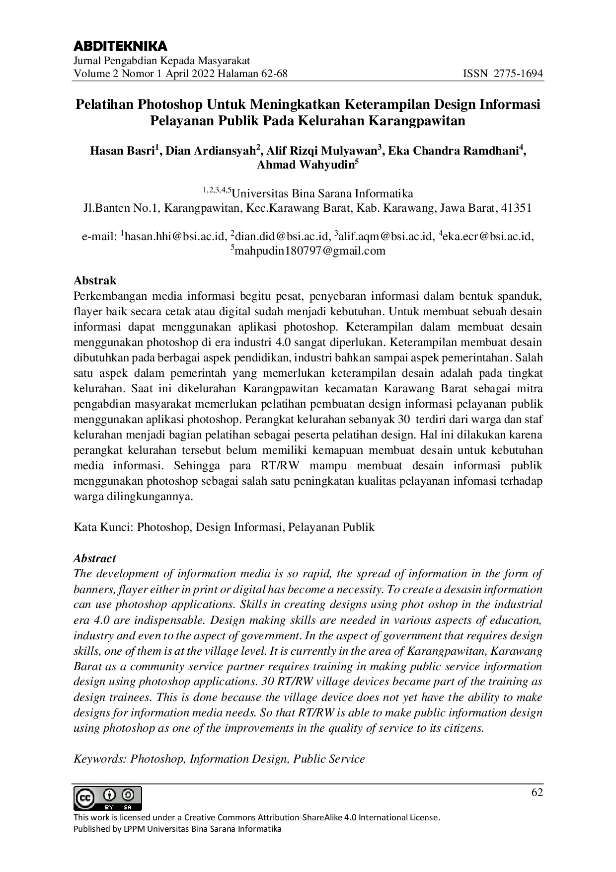 JURIS Pelatihan Photoshop Untuk Meningkatkan Keterampilan Design Informasi Pelayanan Publik Pada Kelurahan Karangpawitan
