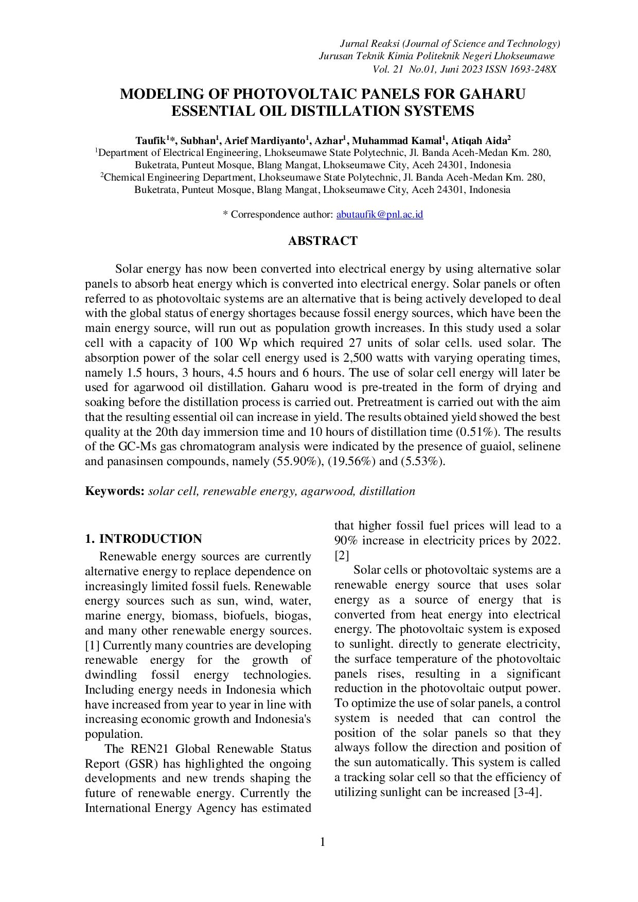 JURIS Modeling Of Photovoltaic Panels For Gaharu Essential Oil Distillation Systems