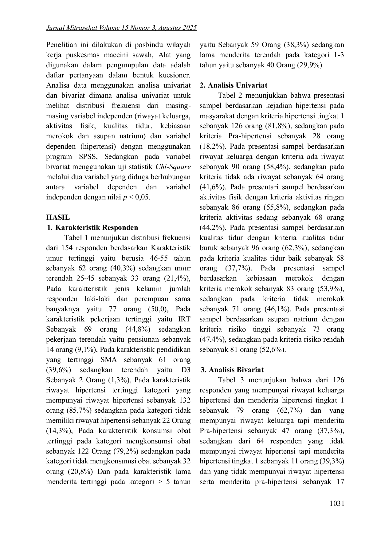 JURIS Faktor Faktor Yang Berhubungan Dengan Hipertensi Pada Masyarakat Di Wilayah Kerja Puskesmas Maccini Sawah