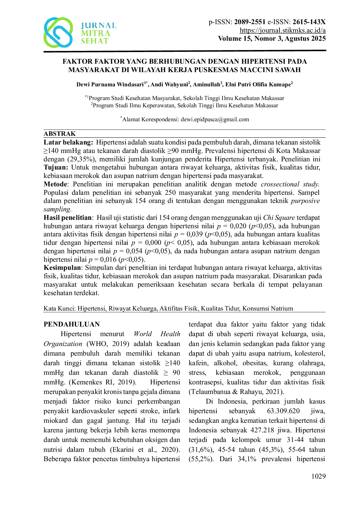 JURIS Faktor Faktor Yang Berhubungan Dengan Hipertensi Pada Masyarakat Di Wilayah Kerja Puskesmas Maccini Sawah