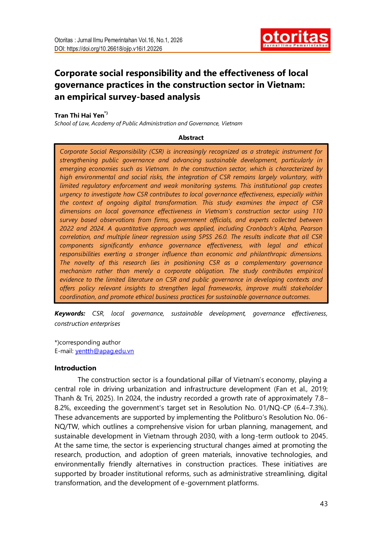 JURIS Corporate social responsibility and the effectiveness of local governance practices in the construction sector in Vietnam an empirical survey based analysis