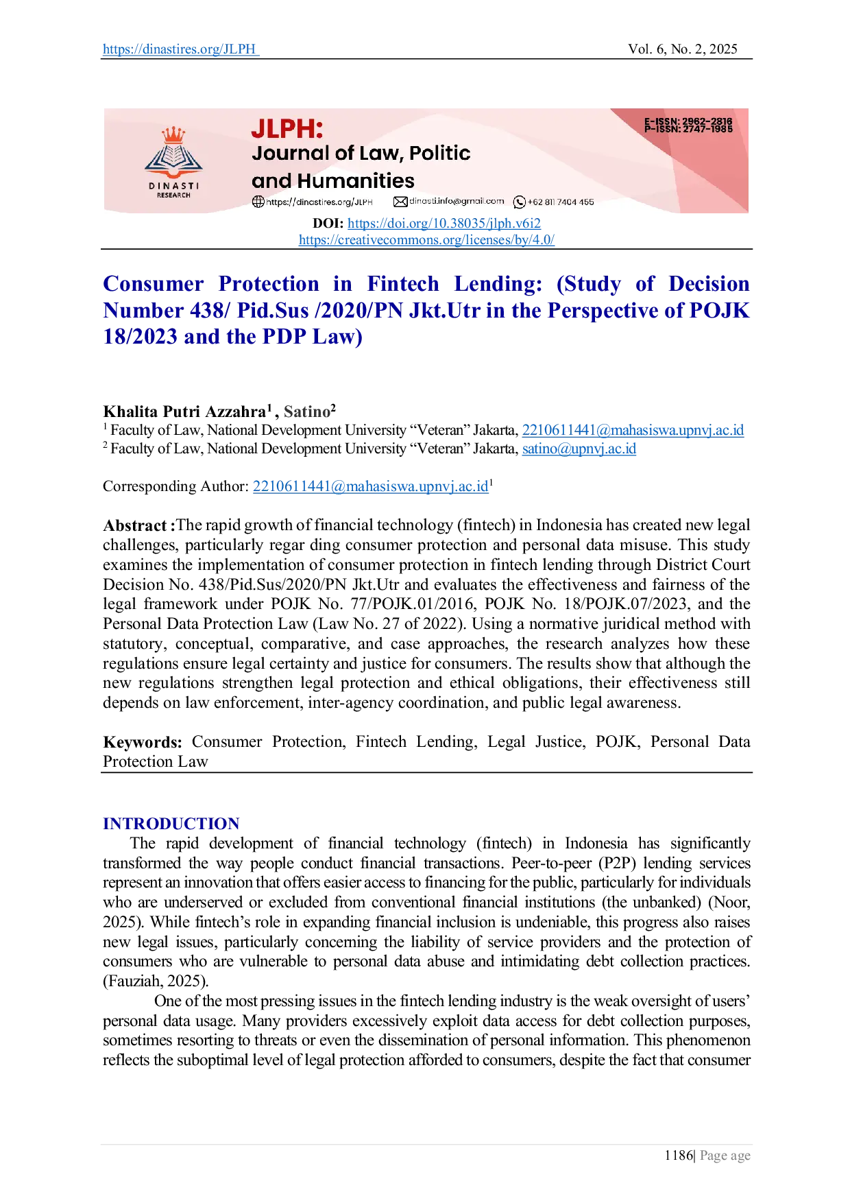 JURIS Consumer Protection in Fintech Lending Study of Decision Number 438 Pid Sus 2020 PN Jkt Utr in the Perspective of POJK 18 2023 and the PDP Law