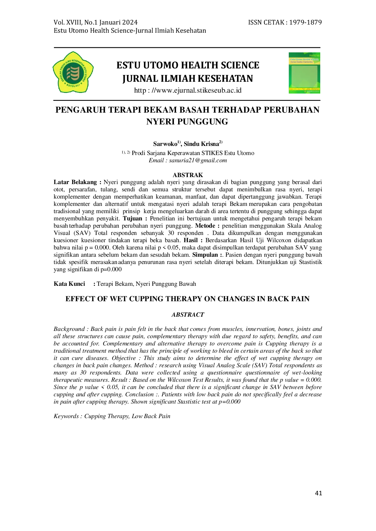 JURIS Pengaruh Terapi Bekam Basah Terhadap Perubahan Nyeri Punggung