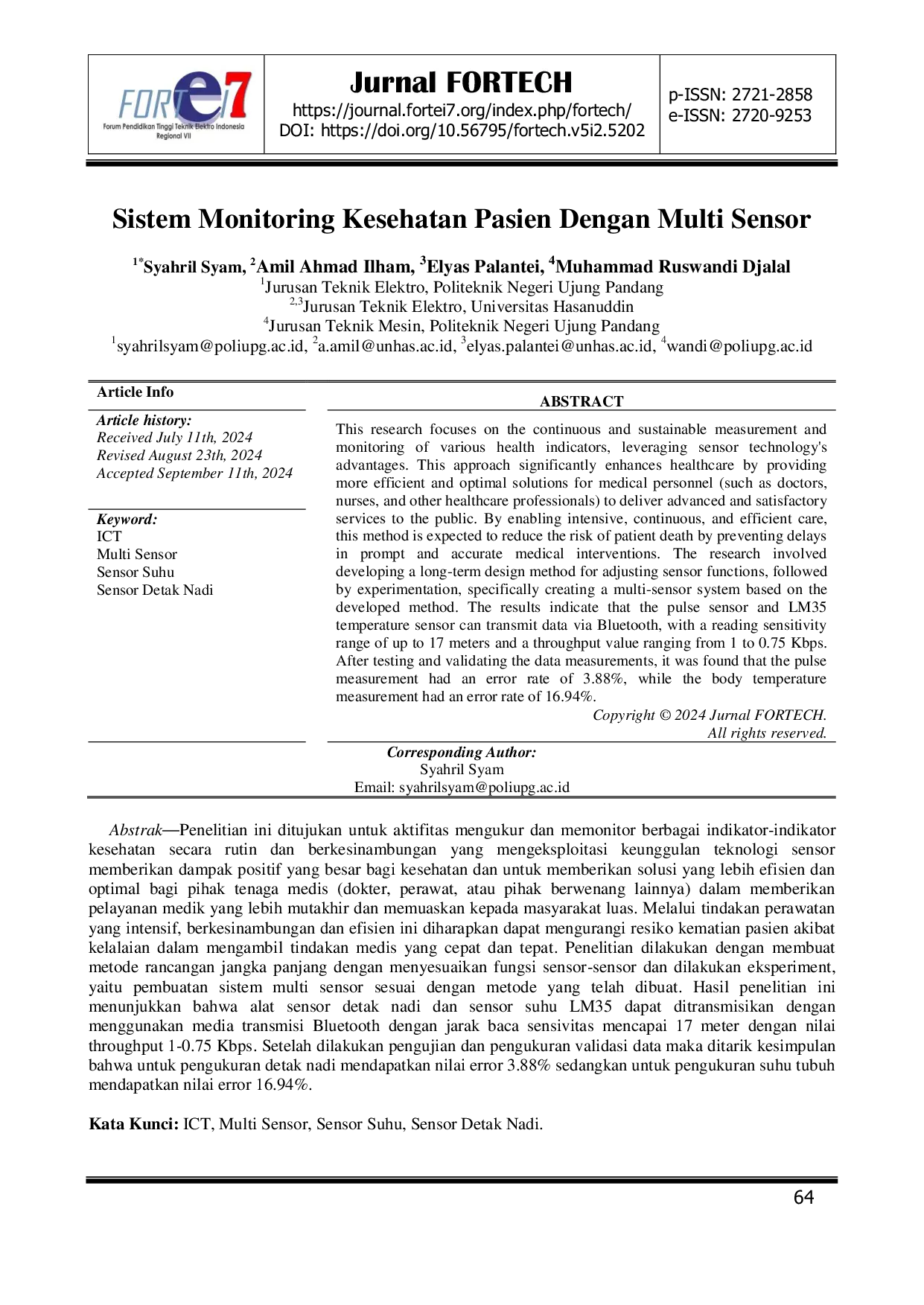 JURIS Sistem Monitoring Kesehatan Pasien Dengan Multi Sensor