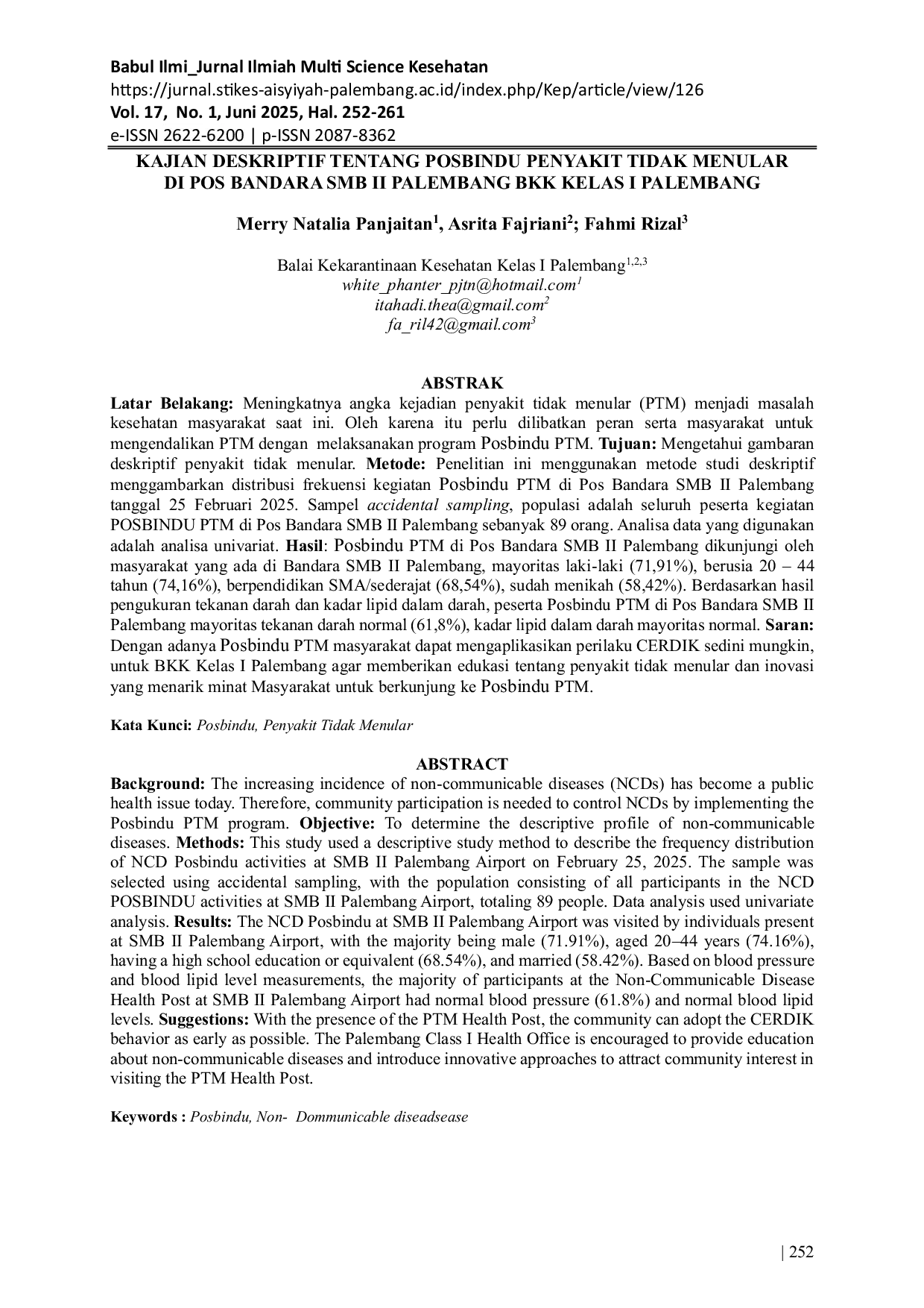 JURIS Kajian Deskriptif Tentang Posbindu Penyakit Tidak Menular Di Pos Bandara Smb Ii Palembang Bkk Kelas I Palembang