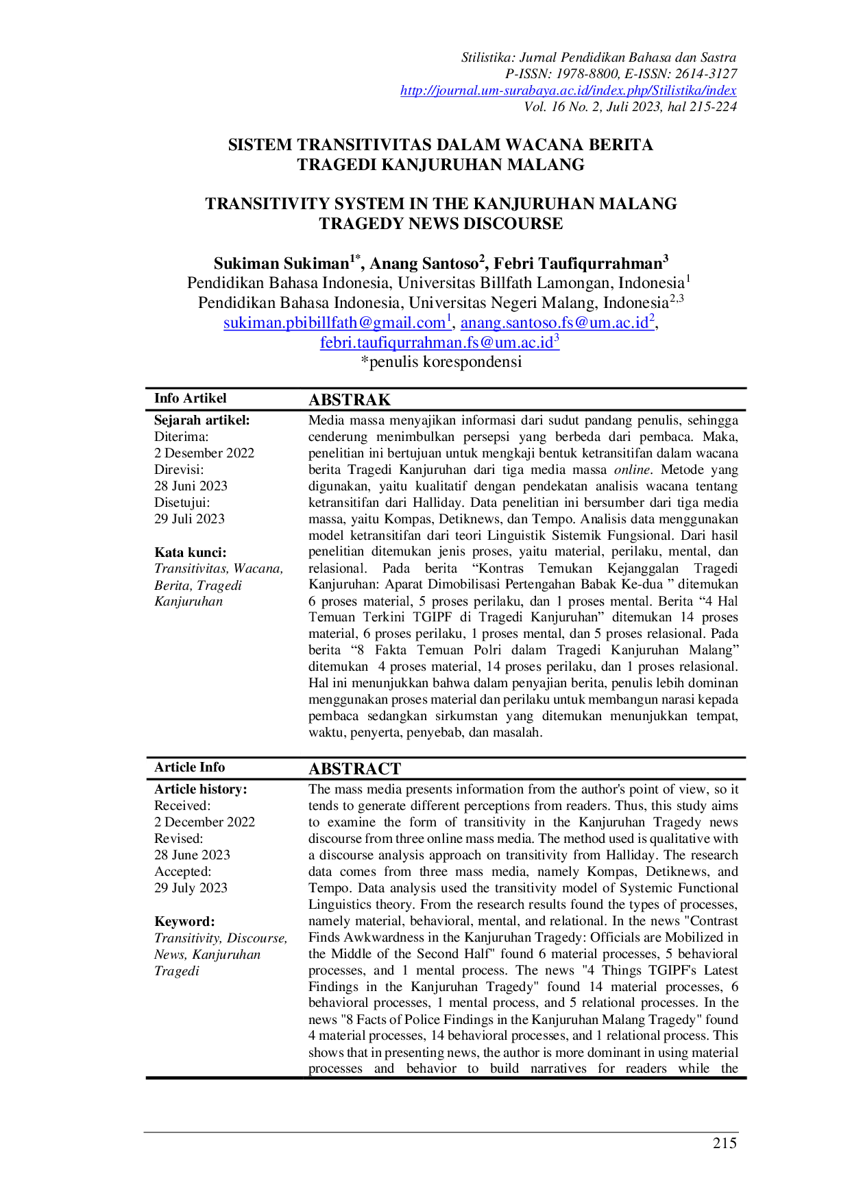 JURIS Sistem Transitivitas Dalam Wacana Berita Tragedi Kanjuruhan Malang