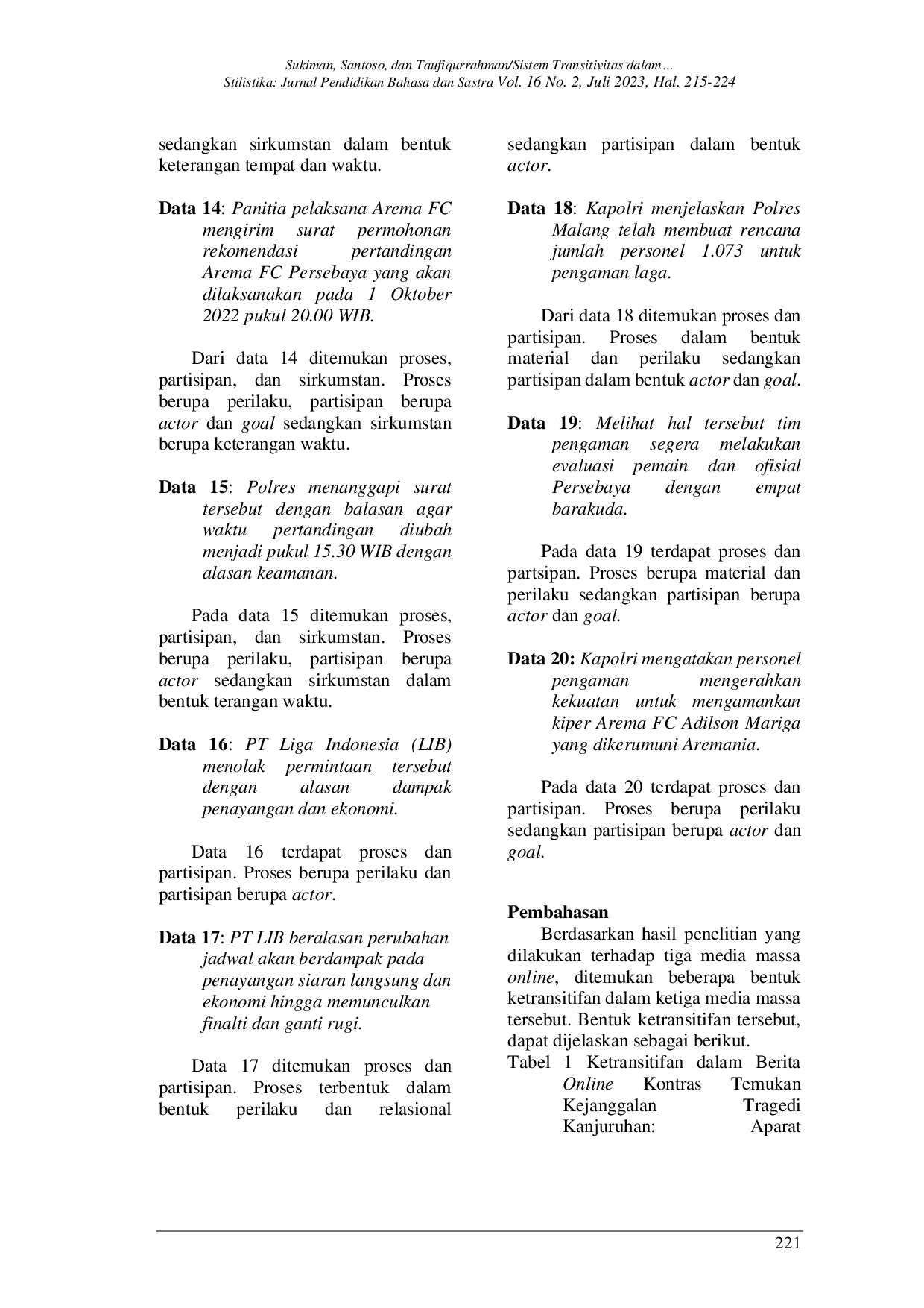 JURIS Sistem Transitivitas Dalam Wacana Berita Tragedi Kanjuruhan Malang