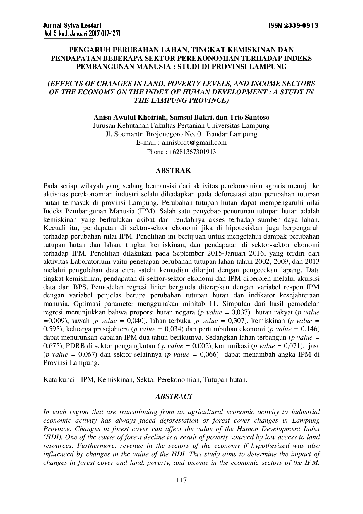 juris Pengaruh Perubahan Lahan Tingkat Kemiskinan Dan Pendapatan Beberapa Sektor Perekonomian Terhadap Indeks Pembangunan Manusia Studi Di Provinsi Lampung