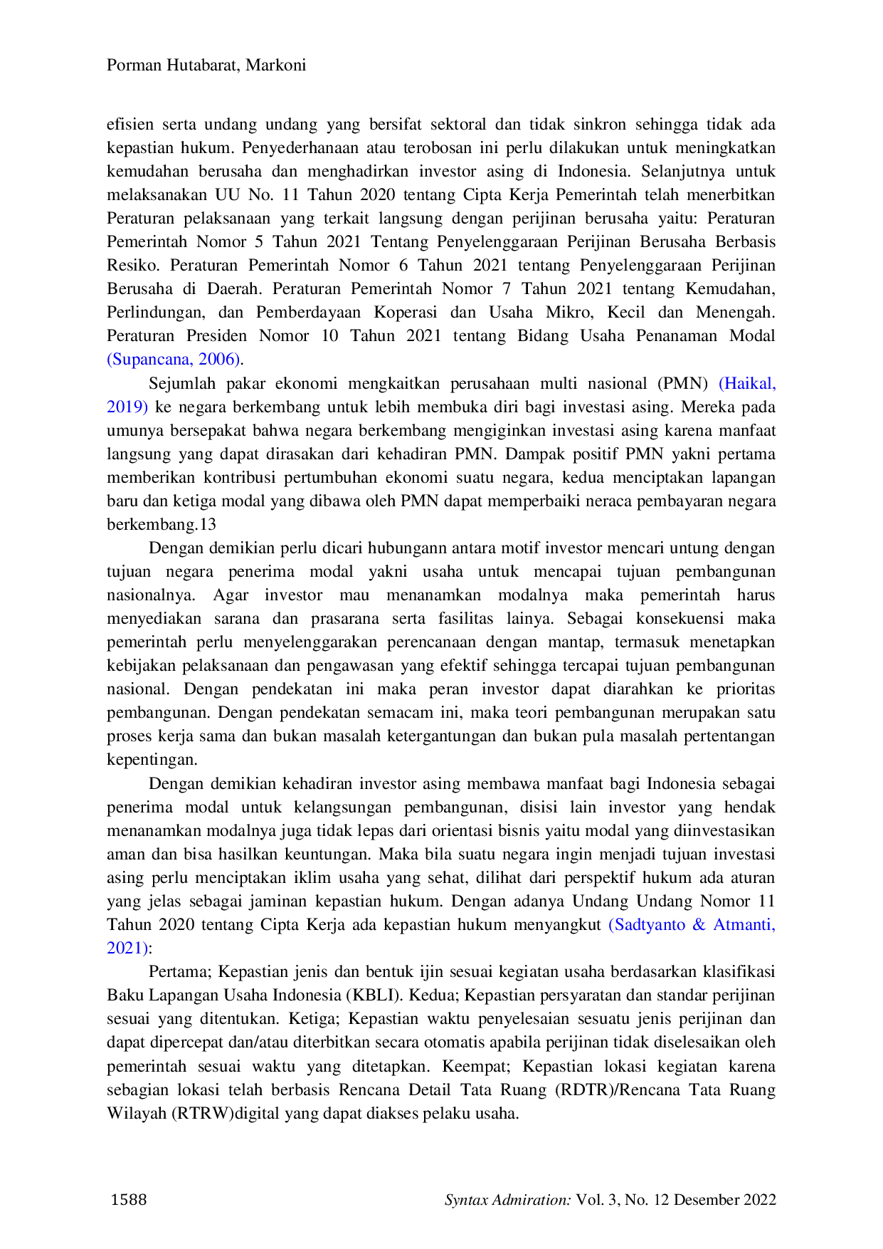 JURIS Analisis Yuridis terhadap Perlindungan Hukum Investasi Asing di Indonesia setelah Lahirnya Undang Undang Nomor 11 Tahun 2020 tentang Cipta Kerja