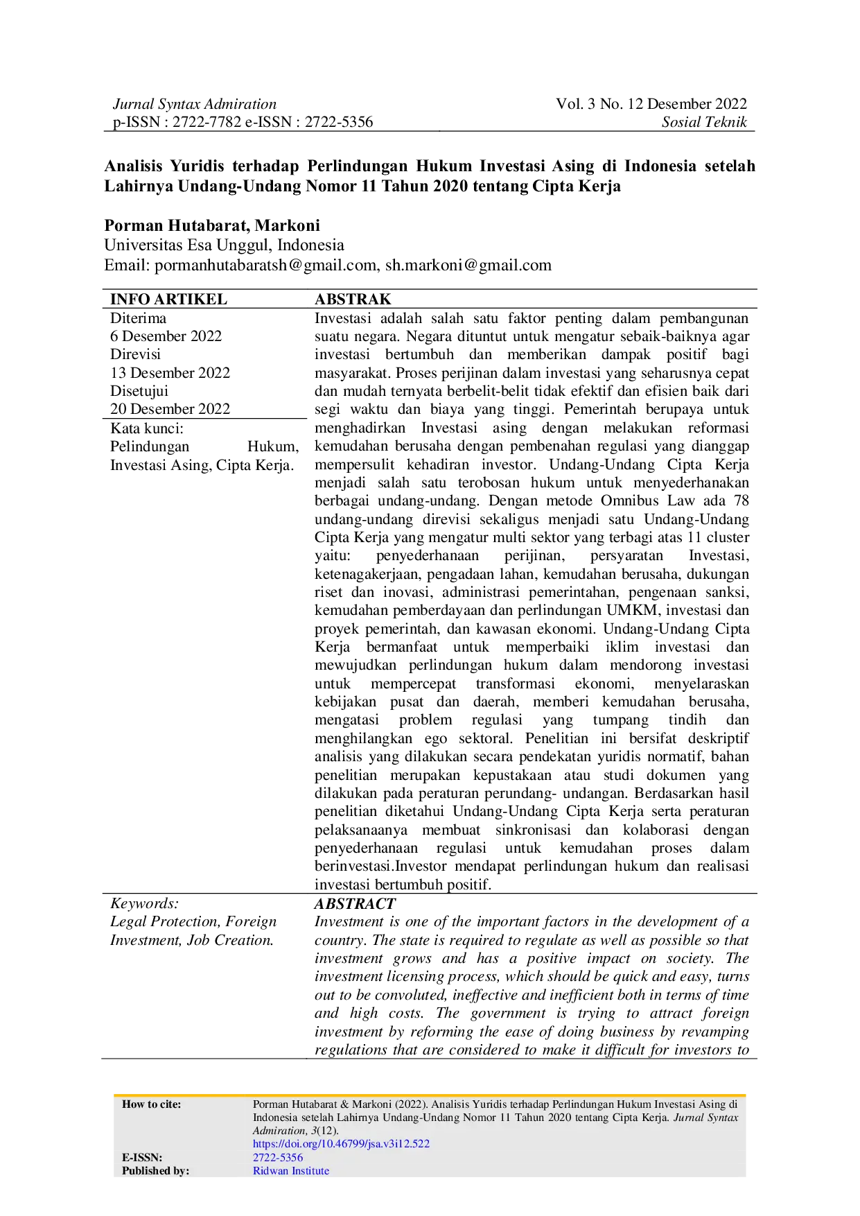 JURIS Analisis Yuridis terhadap Perlindungan Hukum Investasi Asing di Indonesia setelah Lahirnya Undang Undang Nomor 11 Tahun 2020 tentang Cipta Kerja