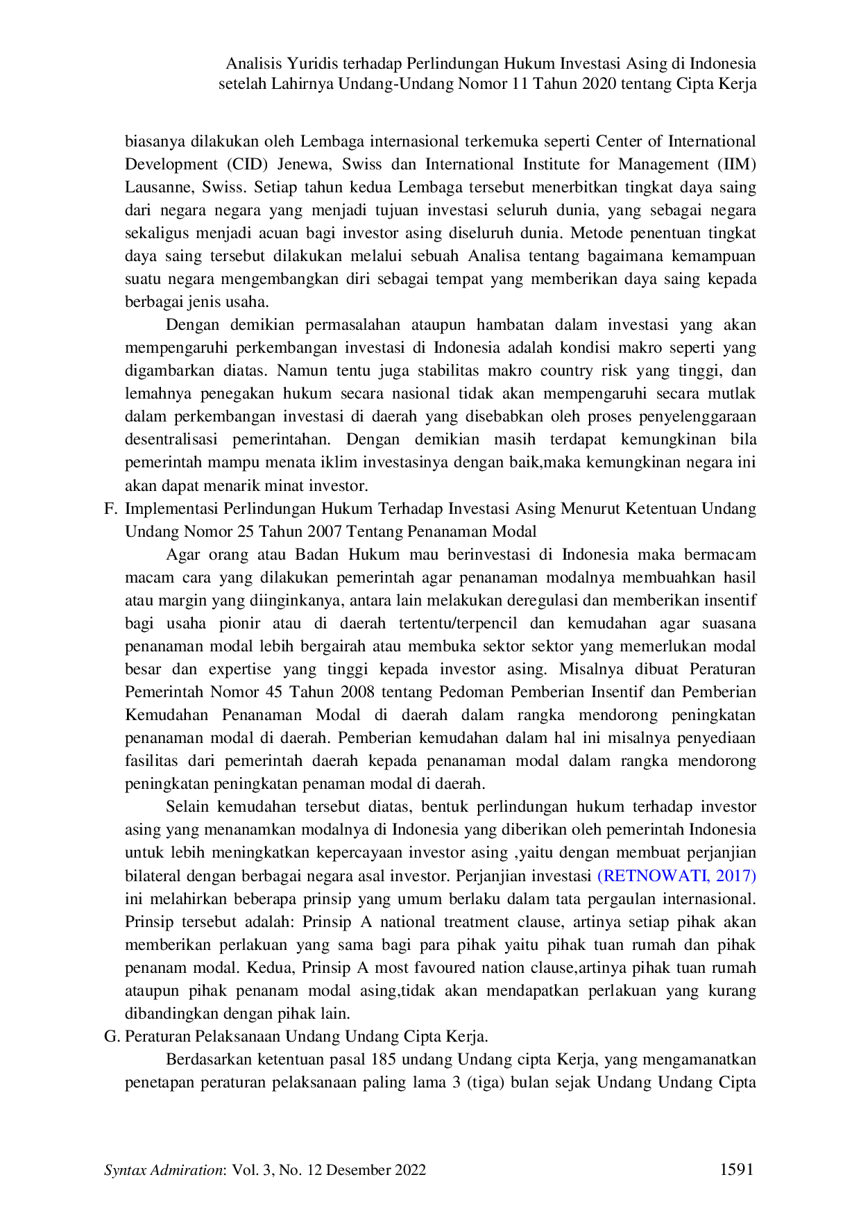 JURIS Analisis Yuridis terhadap Perlindungan Hukum Investasi Asing di Indonesia setelah Lahirnya Undang Undang Nomor 11 Tahun 2020 tentang Cipta Kerja