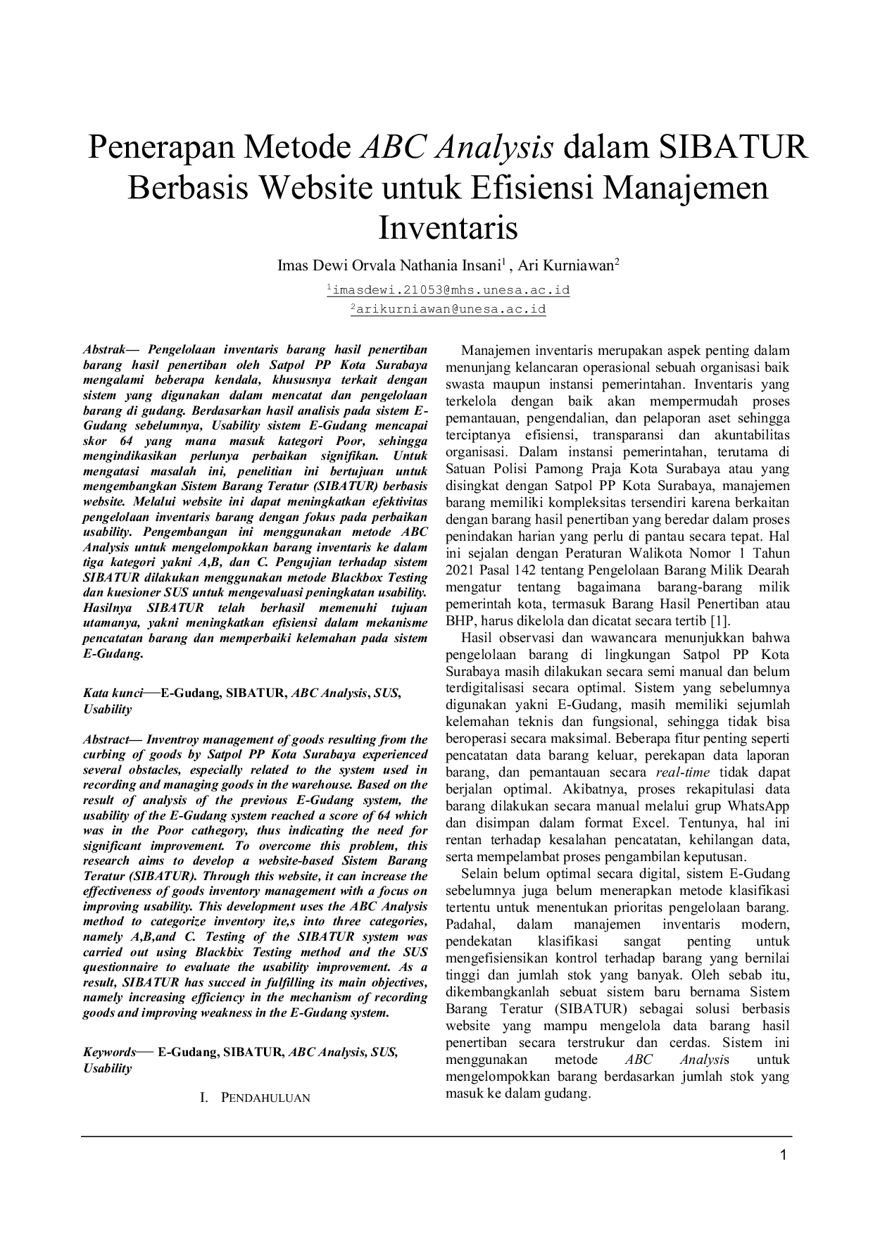 JURIS The Application of ABC Analysis Method in Website Based SIBATUR for Efficiency of Inventory Management Penerapan Metode ABC Analysis dalam SIBATUR Berbasis Website untuk Efisiensi Manajemen Inventari