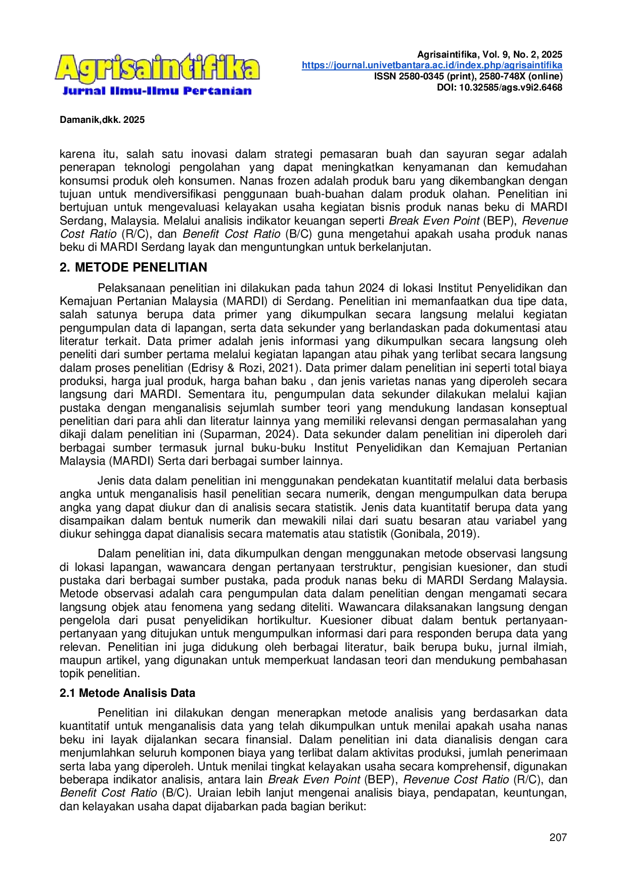 JURIS Analisis Kelayakan Usaha Produk Nanas Ananas comosus Beku di MARDI Serdang Selangor Malaysia