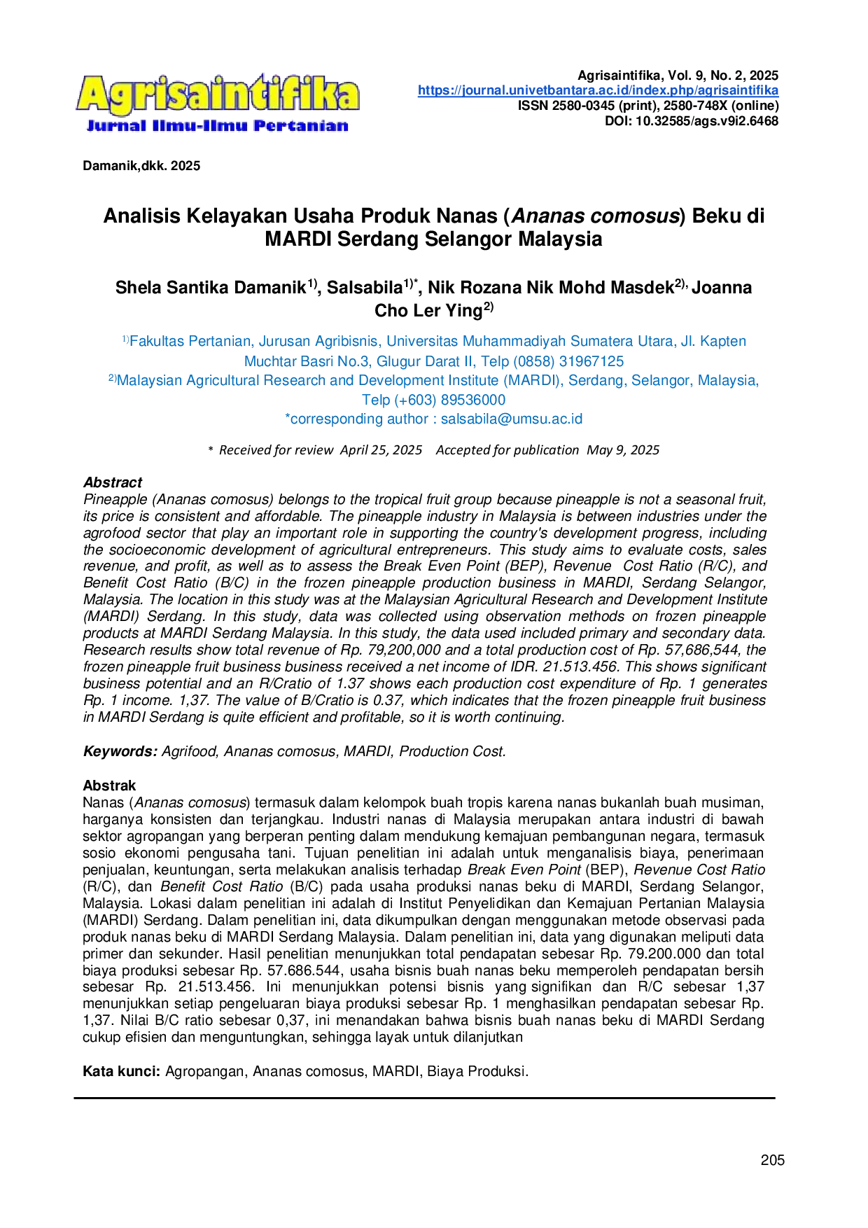 JURIS Analisis Kelayakan Usaha Produk Nanas Ananas comosus Beku di MARDI Serdang Selangor Malaysia