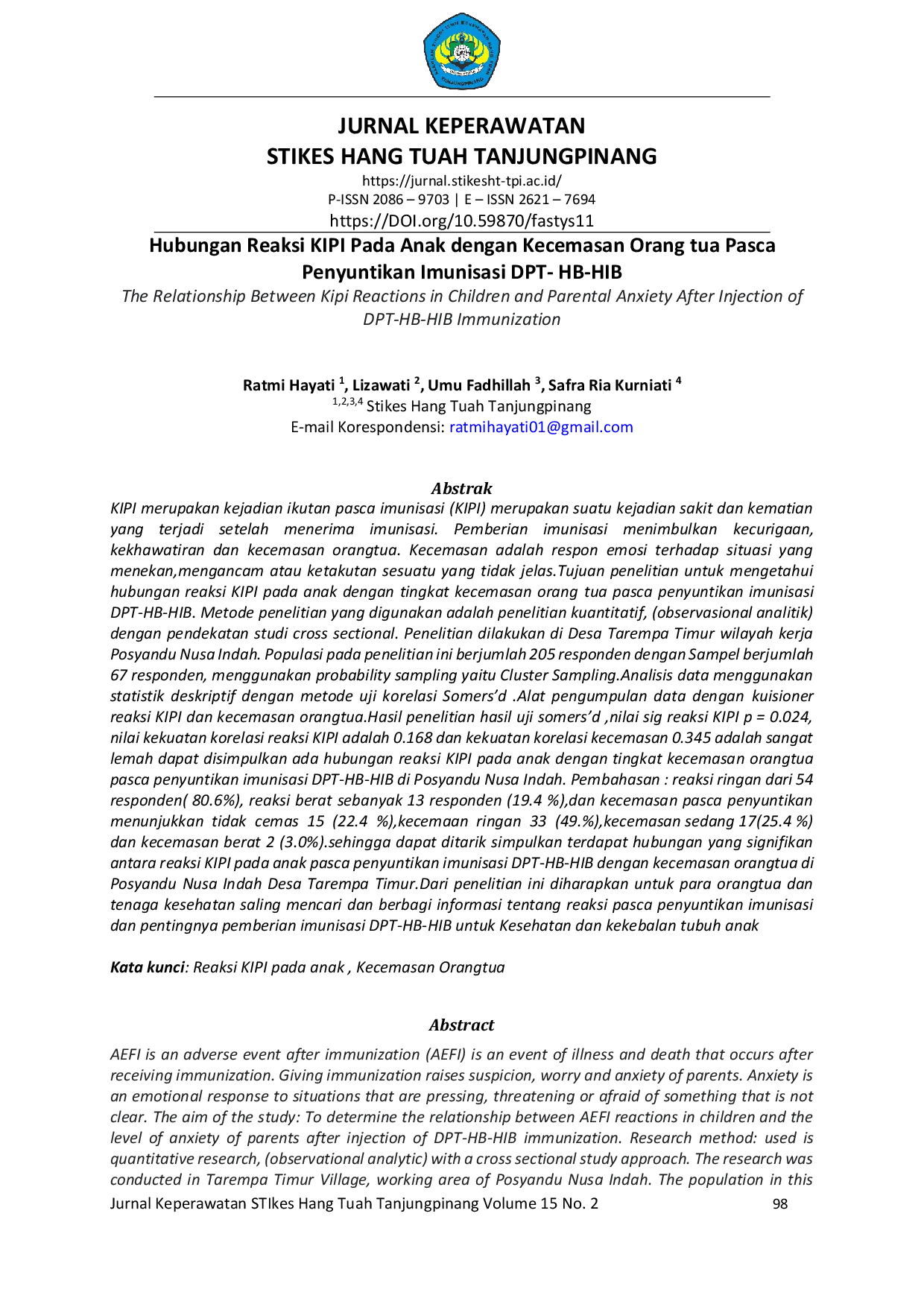 JURIS Hubungan Reaksi KIPI Pada Anak dengan Kecemasan Orangtua Pasca Penyuntikan Imunisasi DPT HB HIB