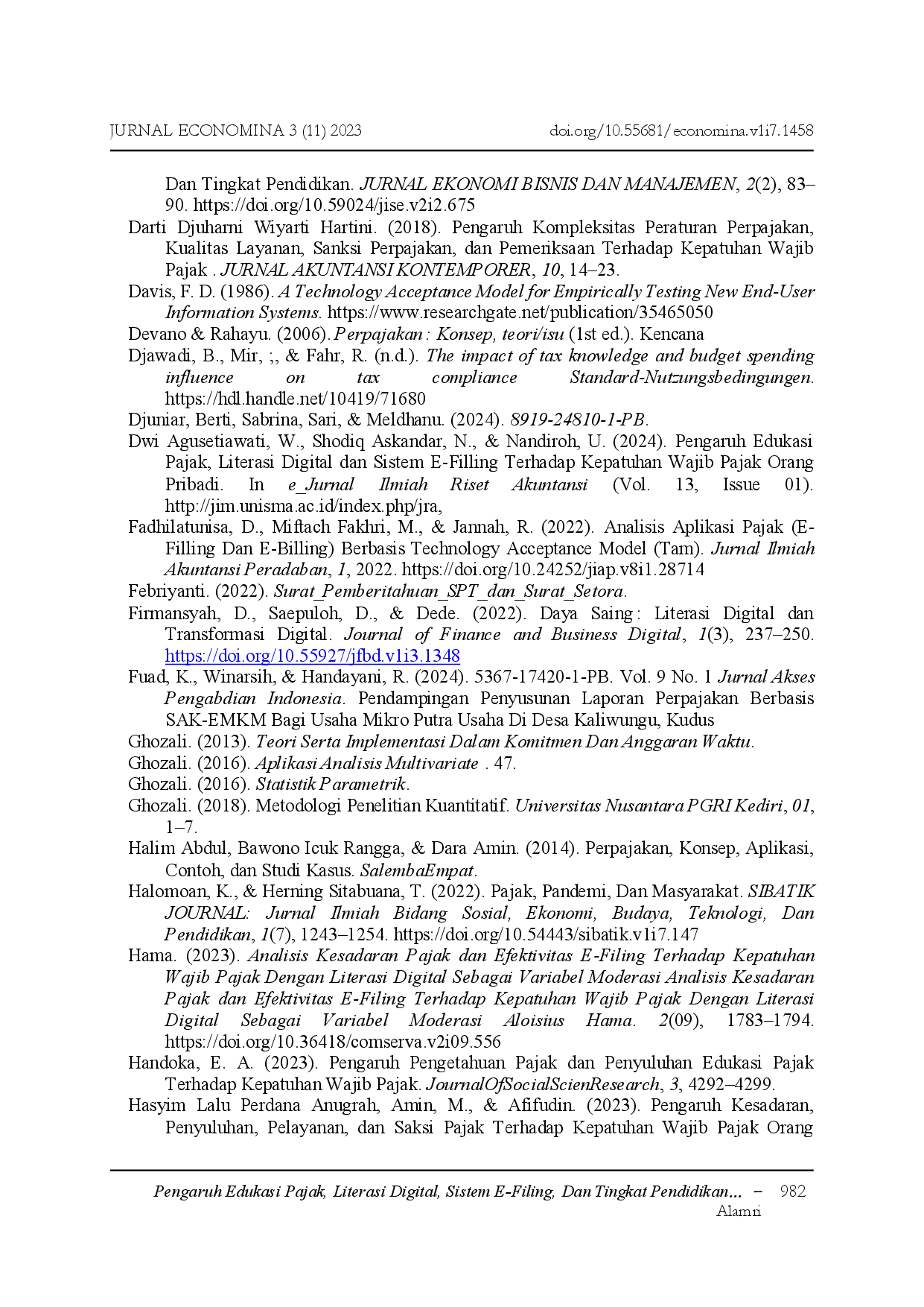 JURIS Pengaruh Edukasi Pajak Literasi Digital Sistem E Filing Dan Tingkat Pendidikan Terhadap Kepatuhan Wajib Pajak Orang Pribadi Studi Kasus Kantor Pajak Pratama Kudus