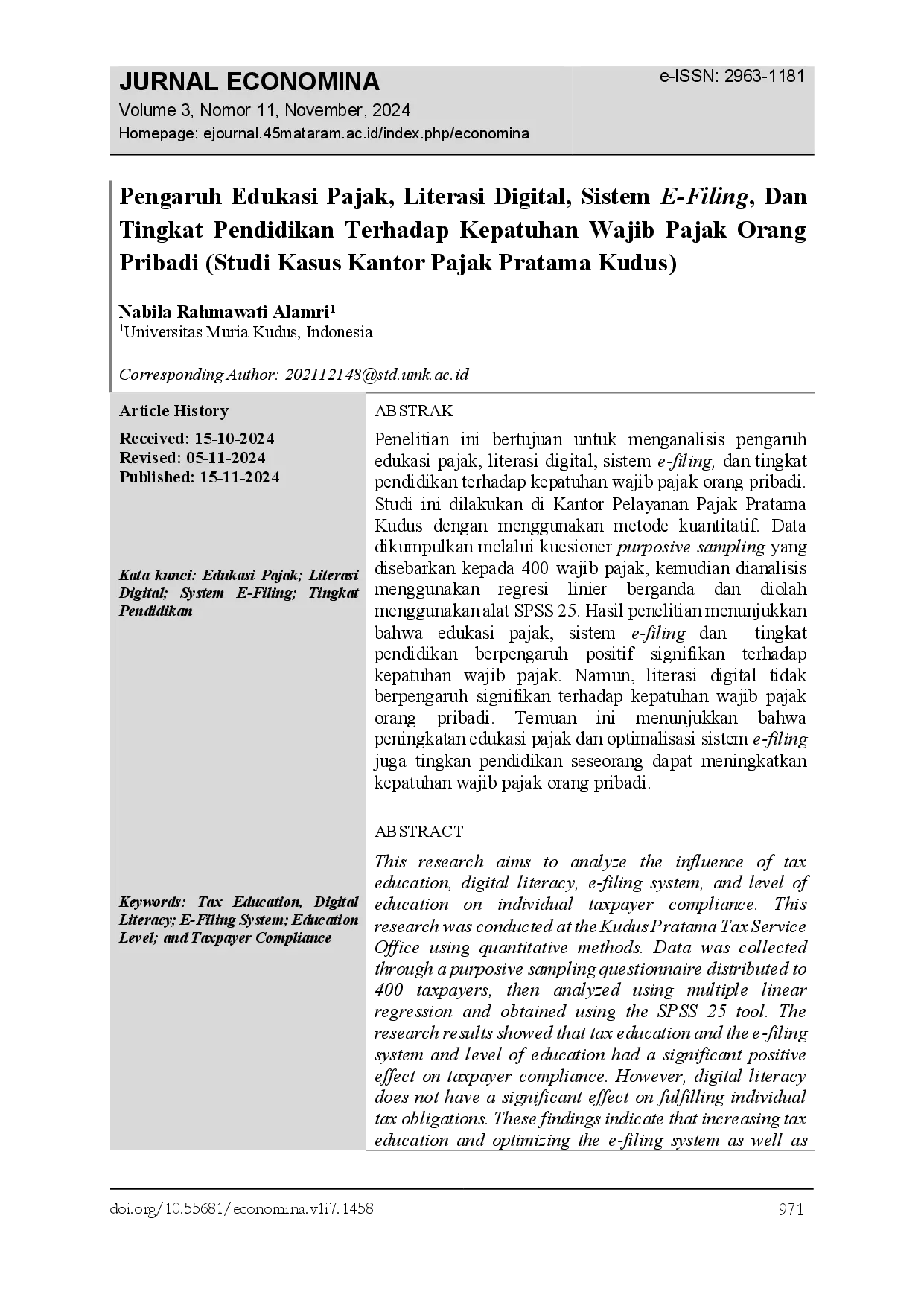 juris Pengaruh Edukasi Pajak Literasi Digital Sistem E Filing Dan Tingkat Pendidikan Terhadap Kepatuhan Wajib Pajak Orang Pribadi Studi Kasus Kantor Pajak Pratama Kudus