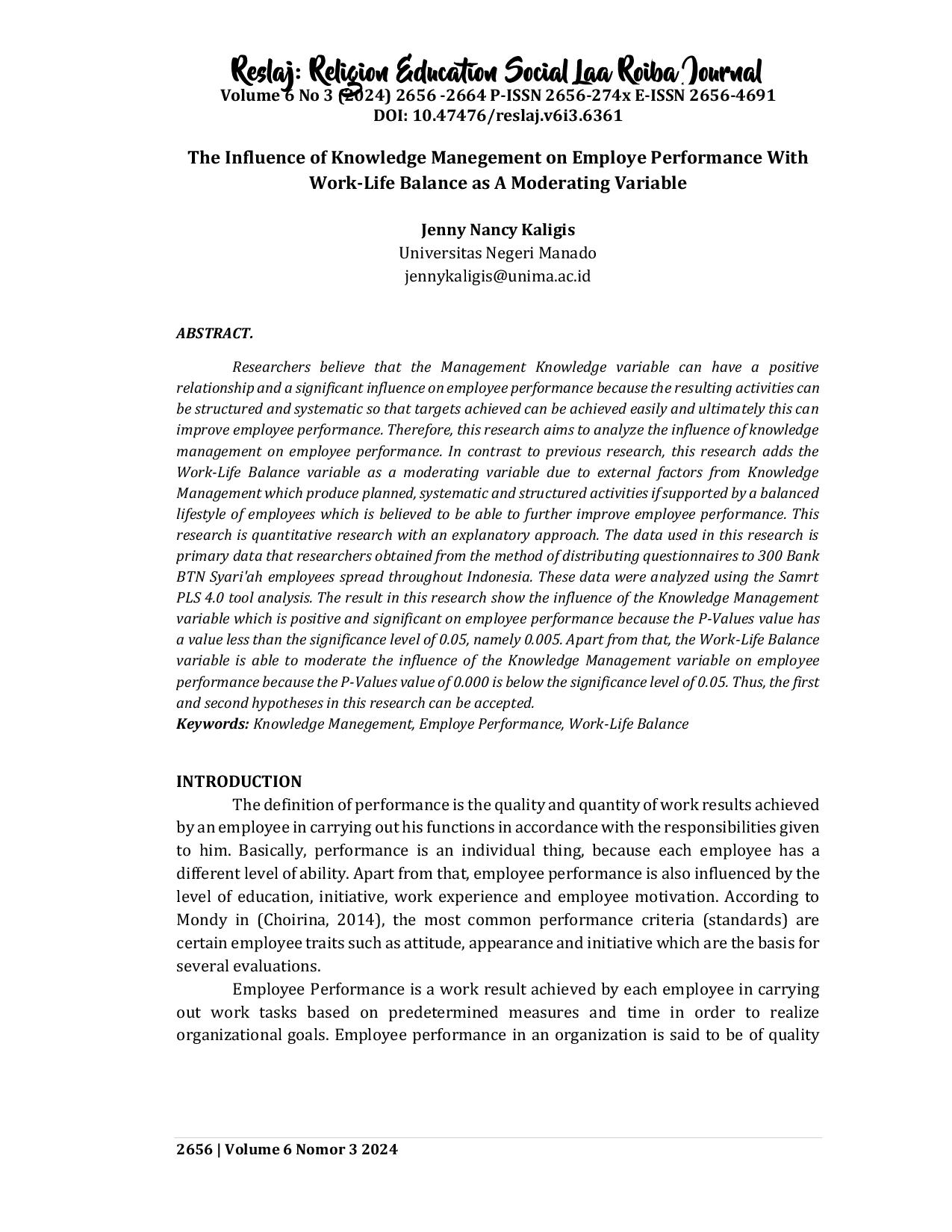 JURIS The Influence of Knowledge Manegement on Employe Performance With Work Life Balance as A Moderating Variable