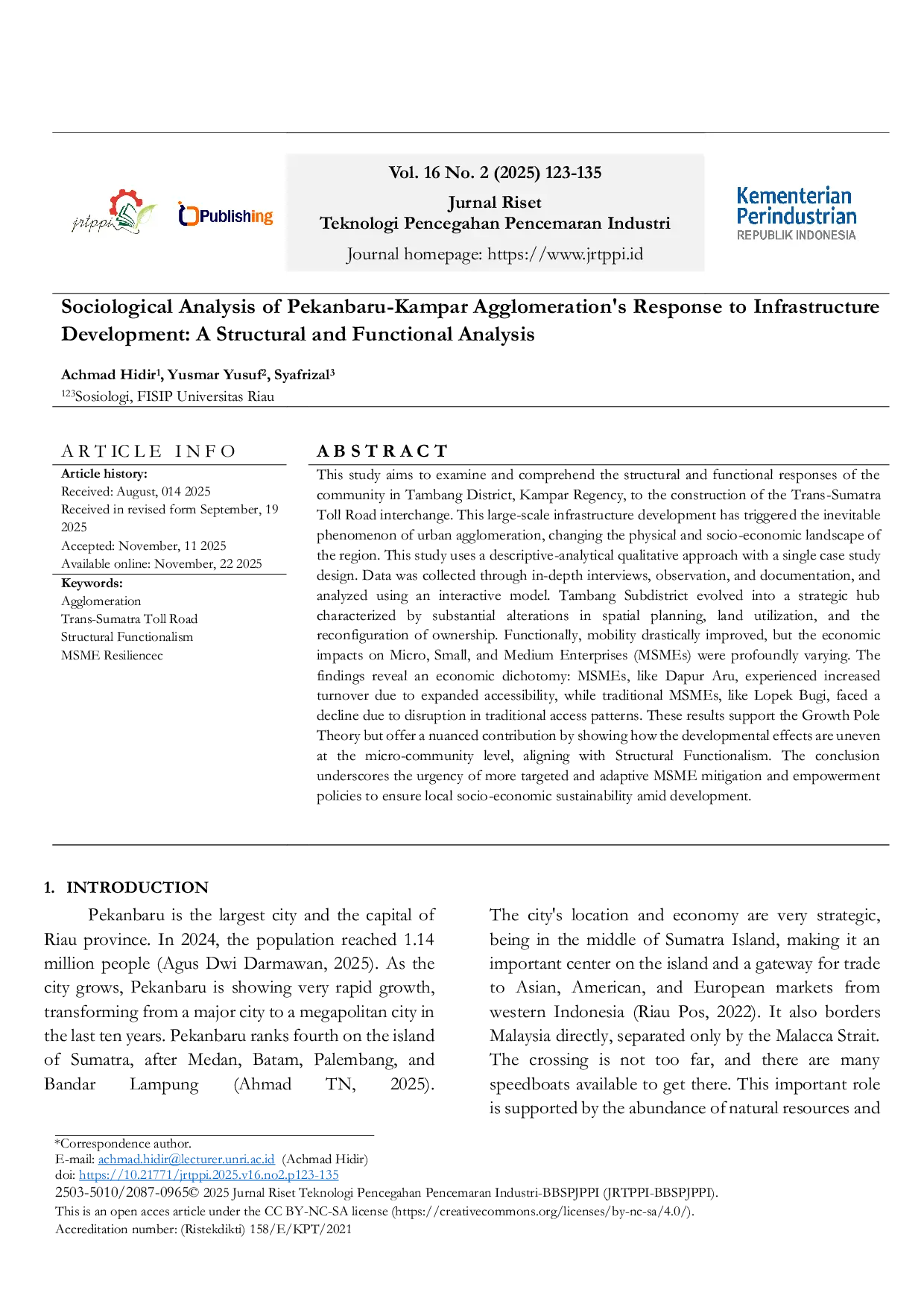 JURIS Sociological Analysis of Pekanbaru Kampar Agglomeration s Response to Infrastructure Development A Structural and Functional Analysis