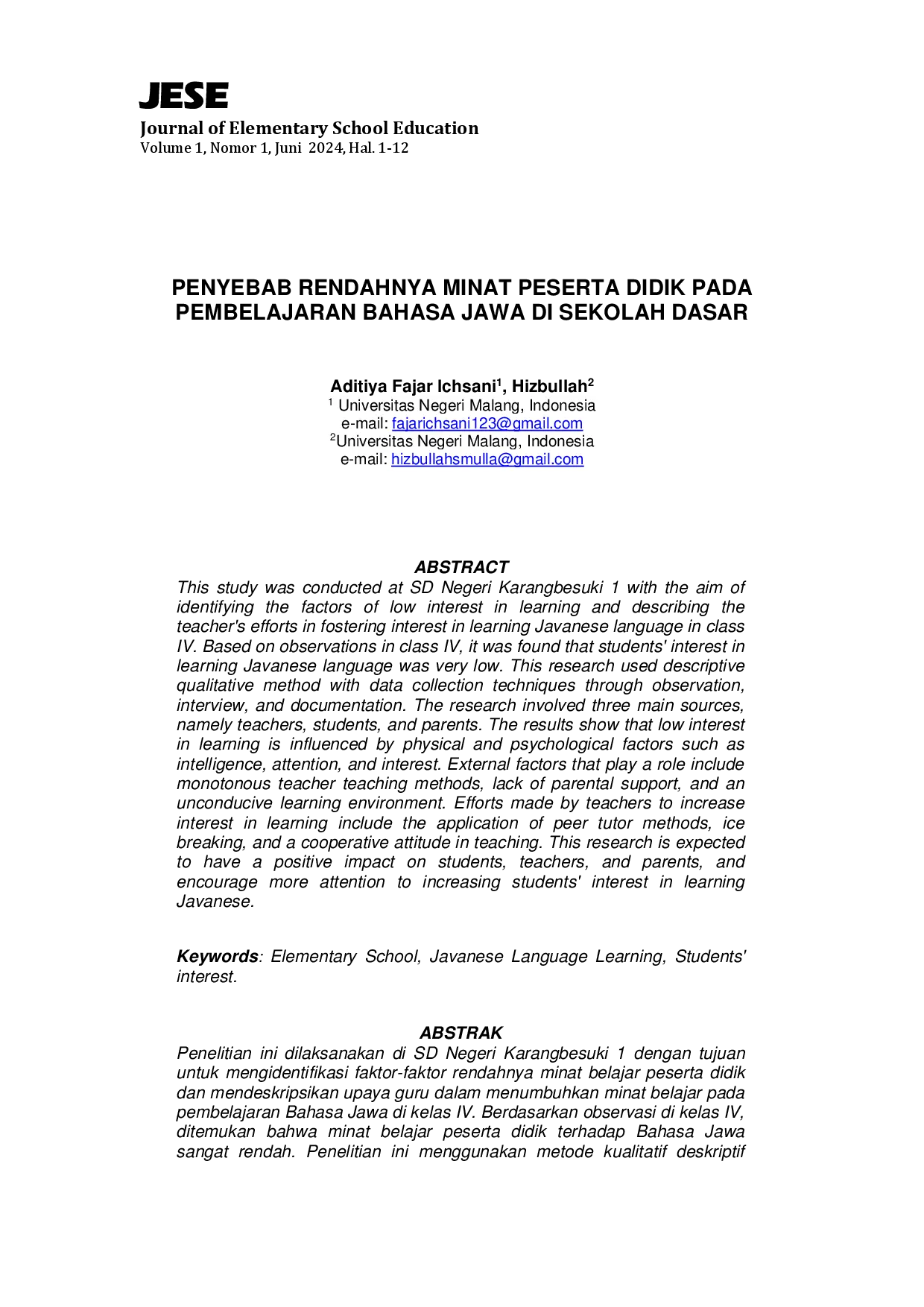 juris Penyebab Rendahnya Minat Peserta Didik Pada Pembelajaran Bahasa Jawa Di Sekolah Dasar