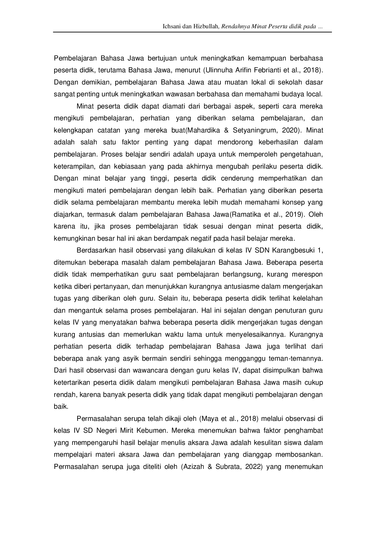 juris Penyebab Rendahnya Minat Peserta Didik Pada Pembelajaran Bahasa Jawa Di Sekolah Dasar