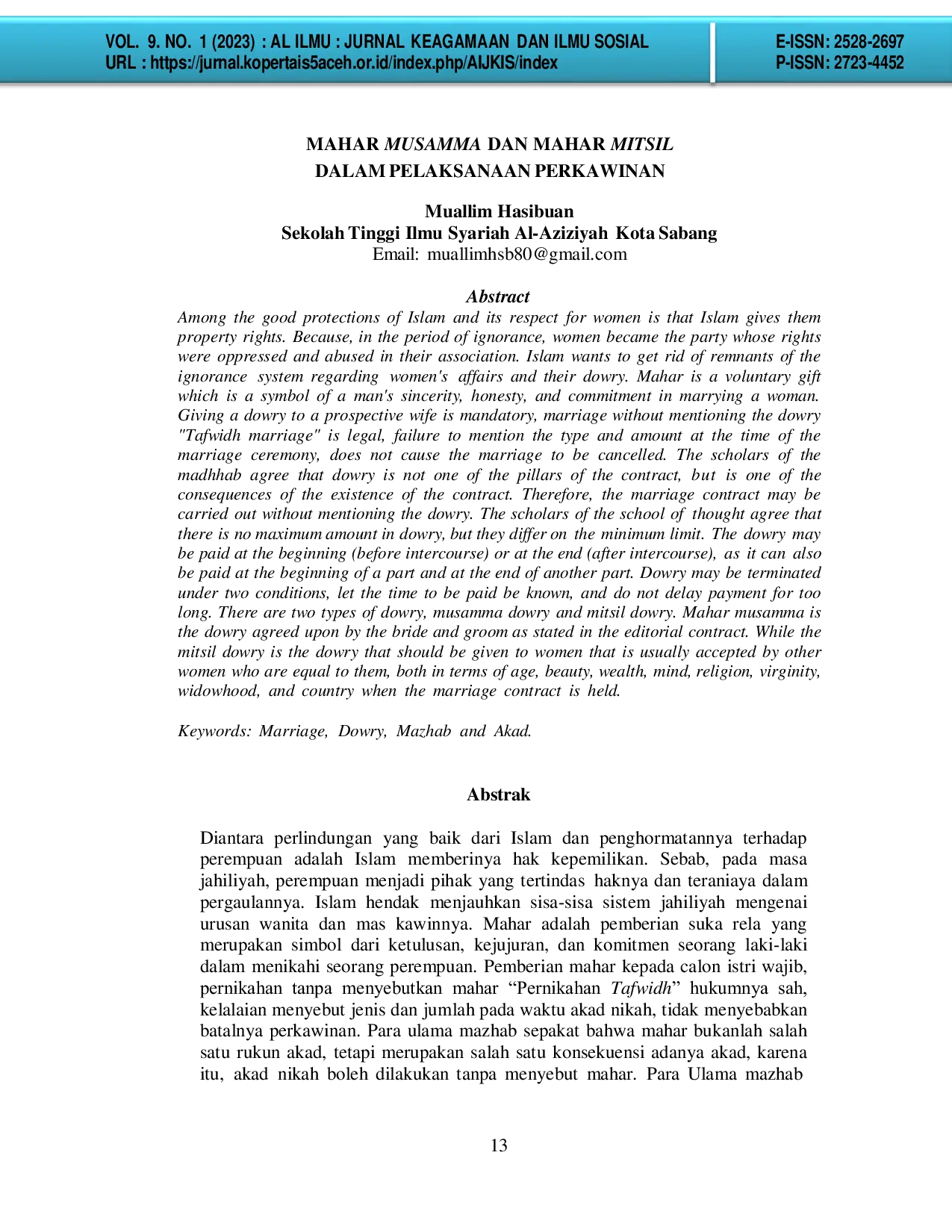 JURIS Mahar Musamma dan Mahar Mitsil dalam Pelaksanaan Perkawinan