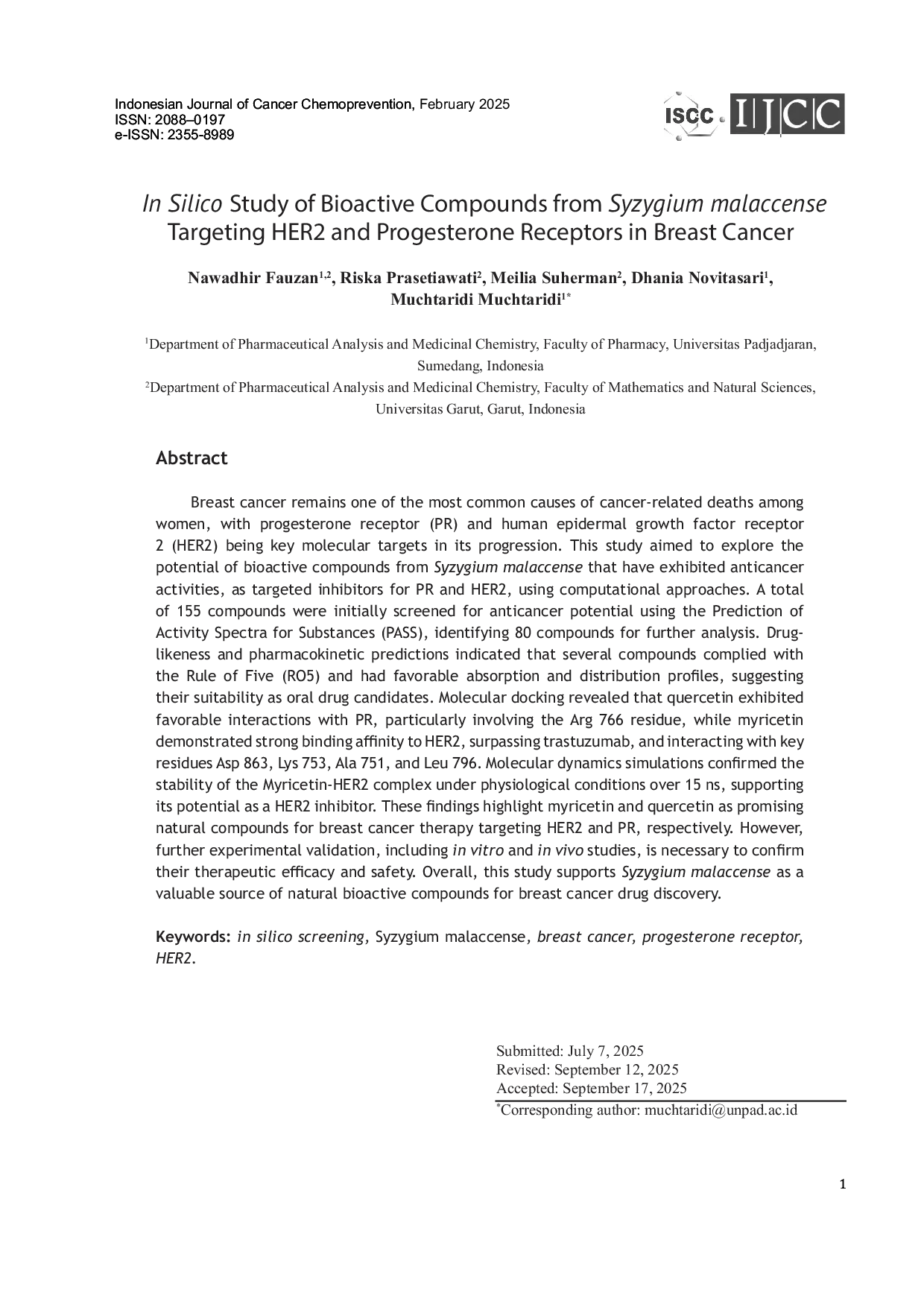 JURIS In Silico Study of Bioactive Compounds from Syzygium malaccense Targeting HER2 and Progesterone Receptors in Breast Cancer