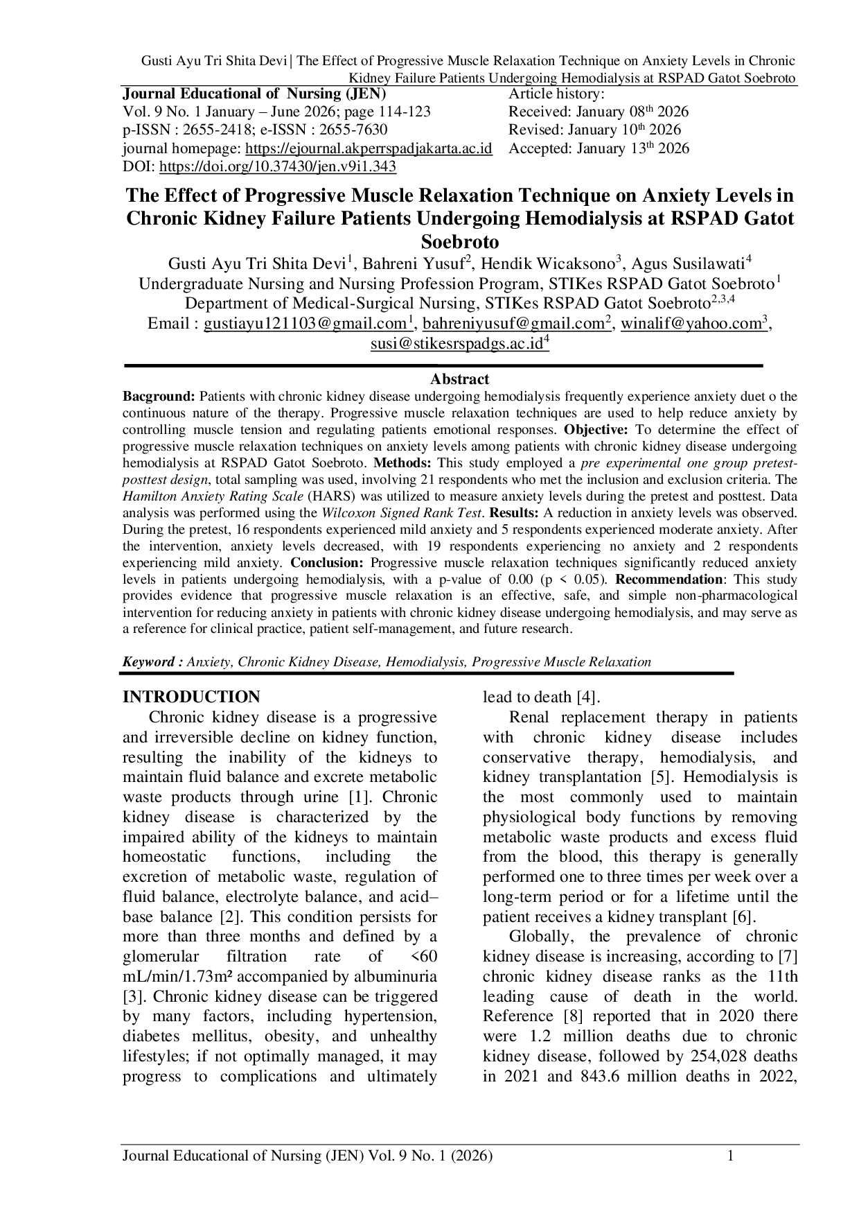 JURIS The Effect of Progressive Muscle Relaxation Technique on Anxiety Levels in Chronic Kidney Failure Patients Undergoing Hemodialysis at Gatot Soebroto Army Hospital