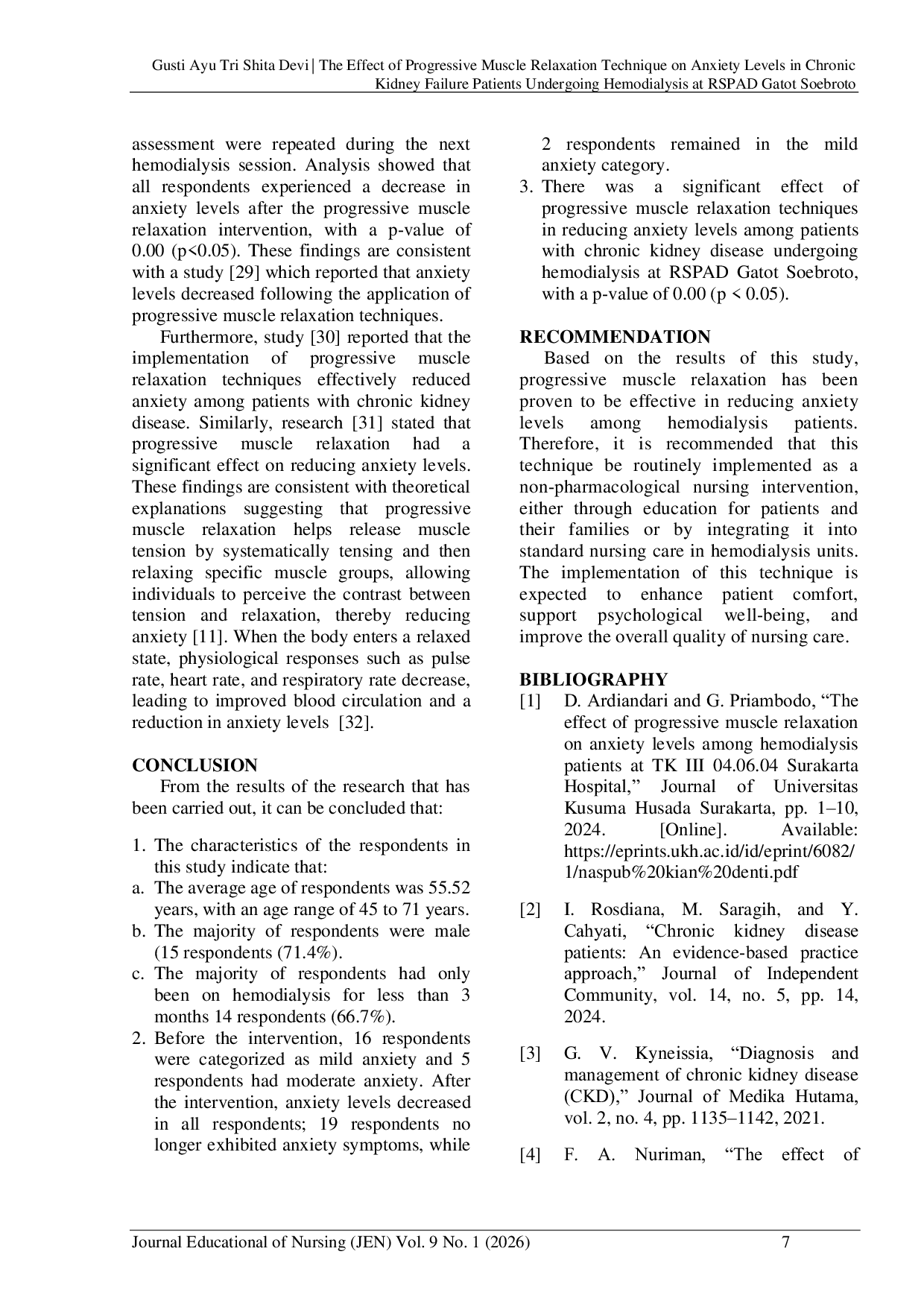 JURIS The Effect of Progressive Muscle Relaxation Technique on Anxiety Levels in Chronic Kidney Failure Patients Undergoing Hemodialysis at Gatot Soebroto Army Hospital