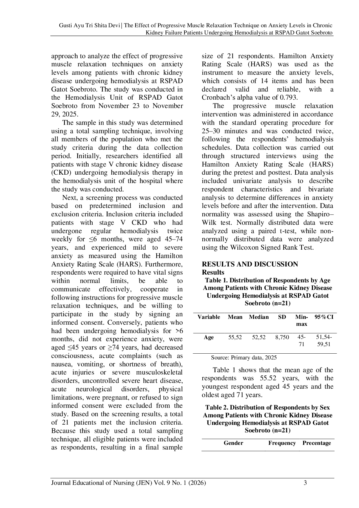 JURIS The Effect of Progressive Muscle Relaxation Technique on Anxiety Levels in Chronic Kidney Failure Patients Undergoing Hemodialysis at Gatot Soebroto Army Hospital