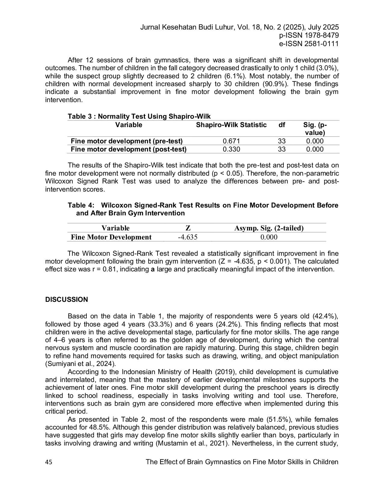 JURIS The Effect of Brain Gymnastics on Fine Motor Skills in Children at Al Kautsar Islamic Kindergarten in South Jakarta City in 2024