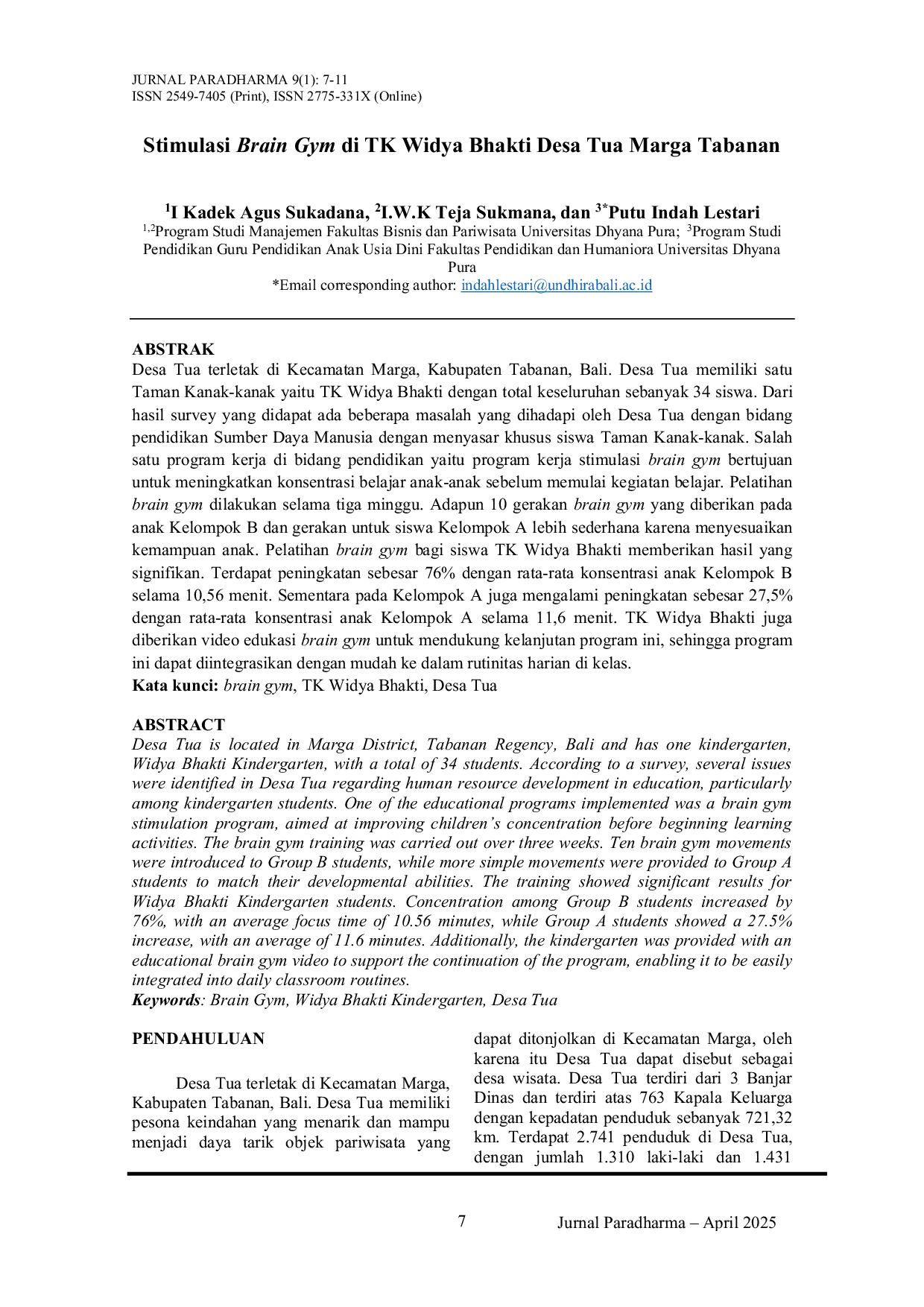 JURIS Stimulasi Brain Gym di TK Widya Bhakti Desa Tua Marga Tabanan