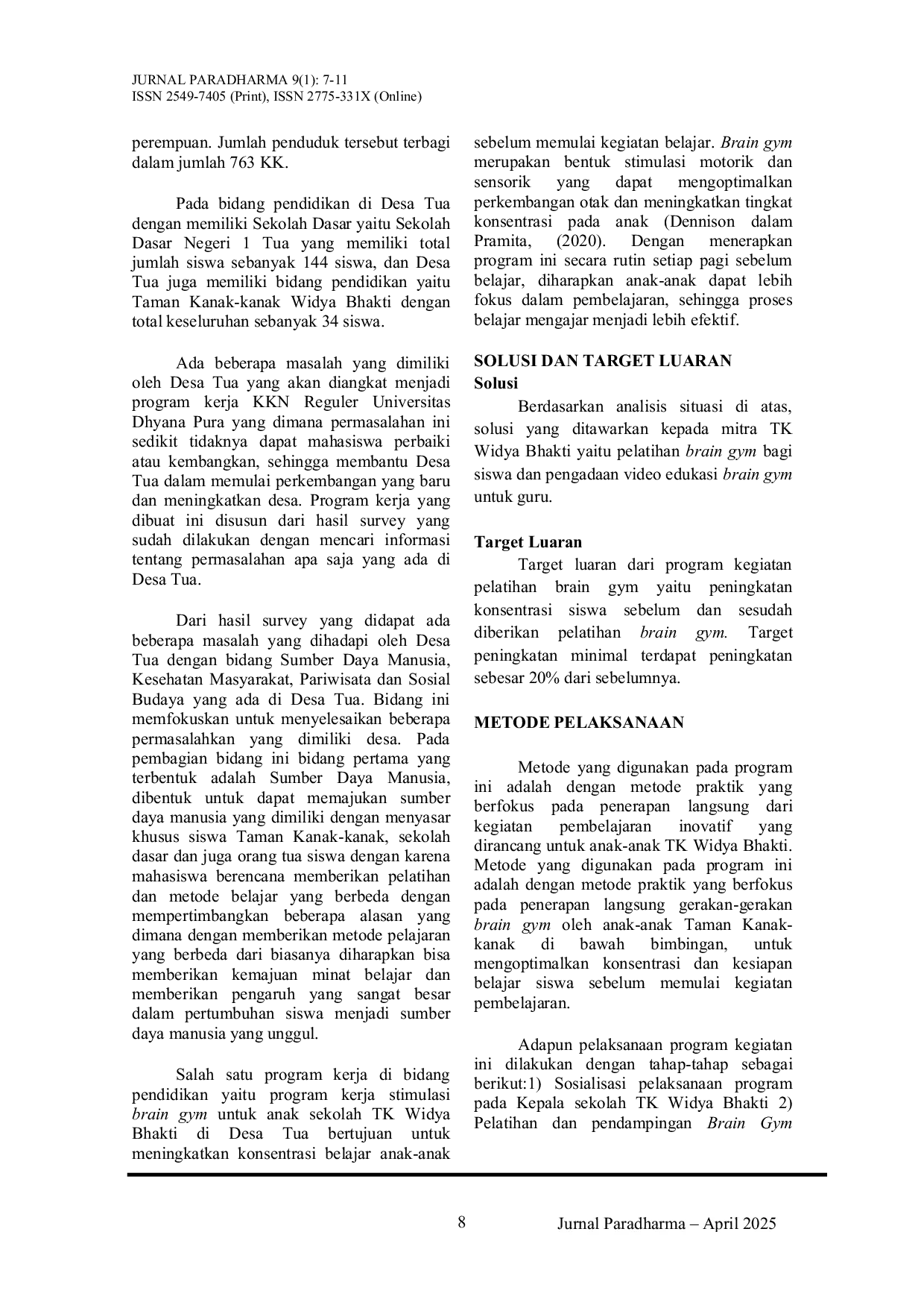 JURIS Stimulasi Brain Gym di TK Widya Bhakti Desa Tua Marga Tabanan