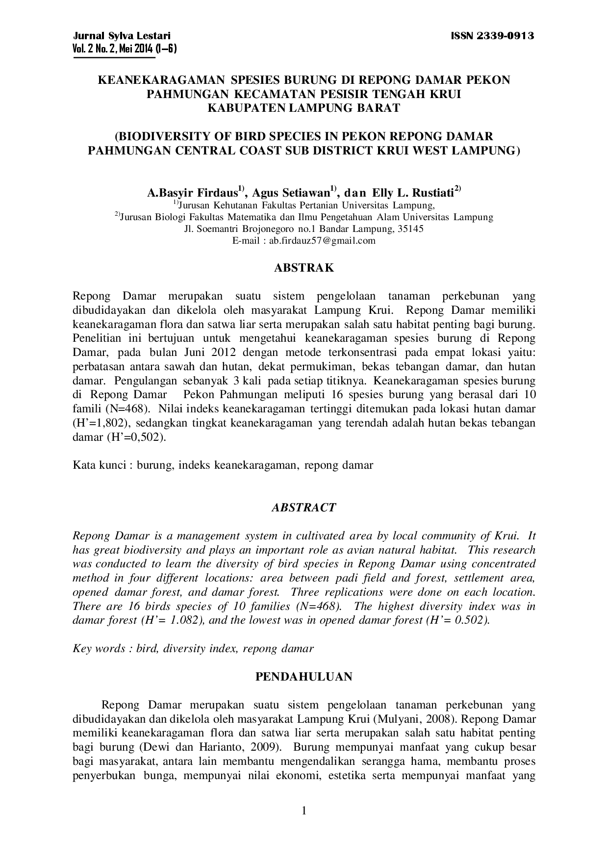 juris Keanekaragaman Spesies Burung Di Repong Damar Pekon Pahmungan Kecamatan Pesisir Tengah Krui Kabupaten Lampung Barat