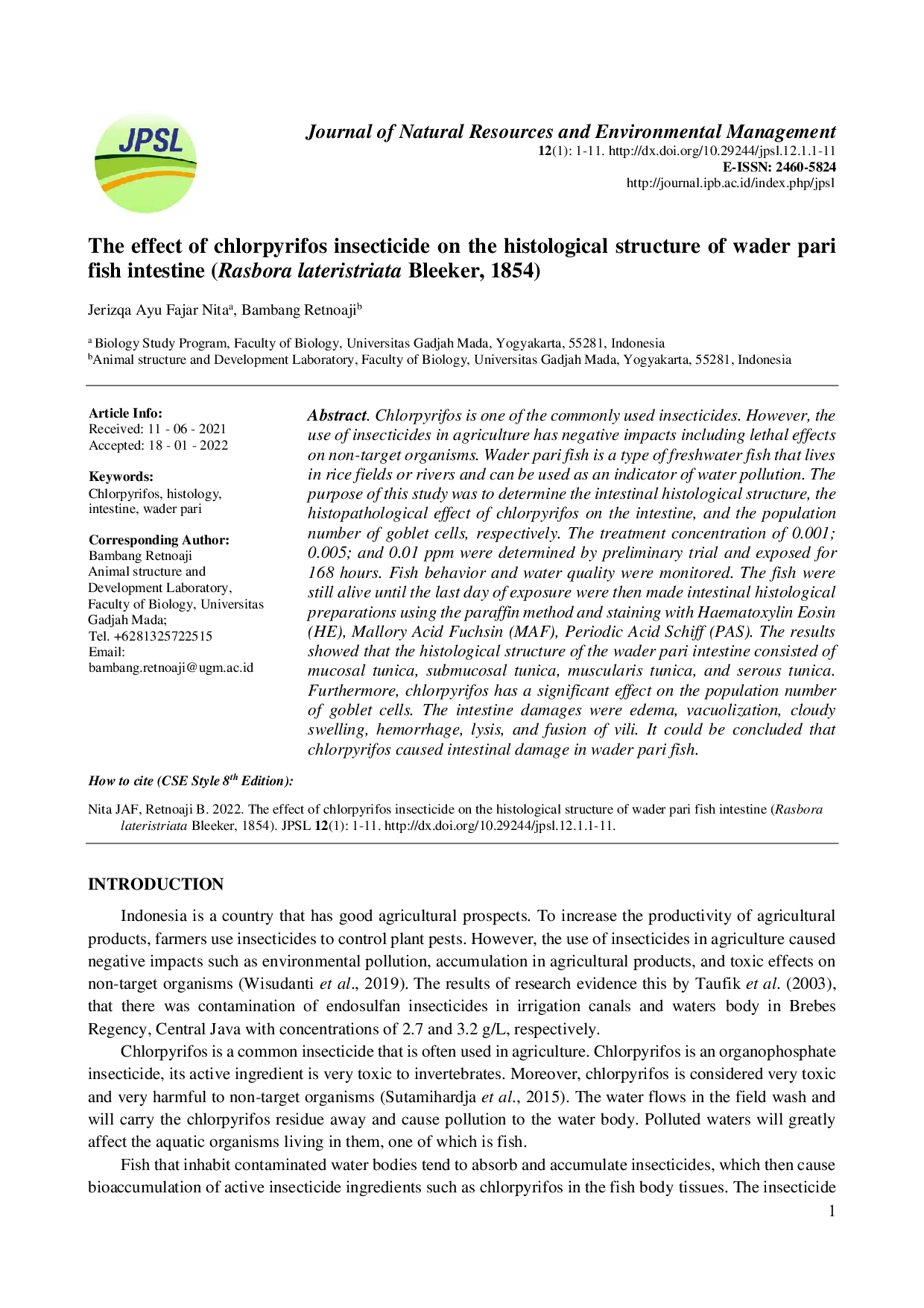 juris The Effect of Chlorpyrifos Insecticide on the Histological Structure of Wader Pari Fish Intestine Rasbora Lateristriata Bleeker 1854