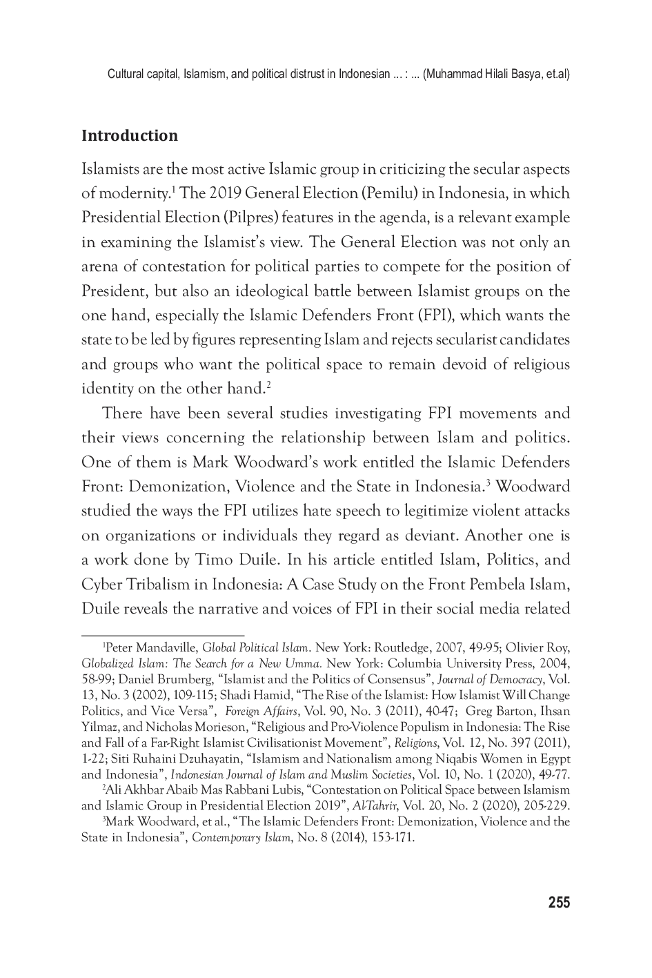 JURIS Cultural capital Islamism and political distrust in Indonesia General Election an ethnicity based community engaged in Islamic Defenders Front FPI