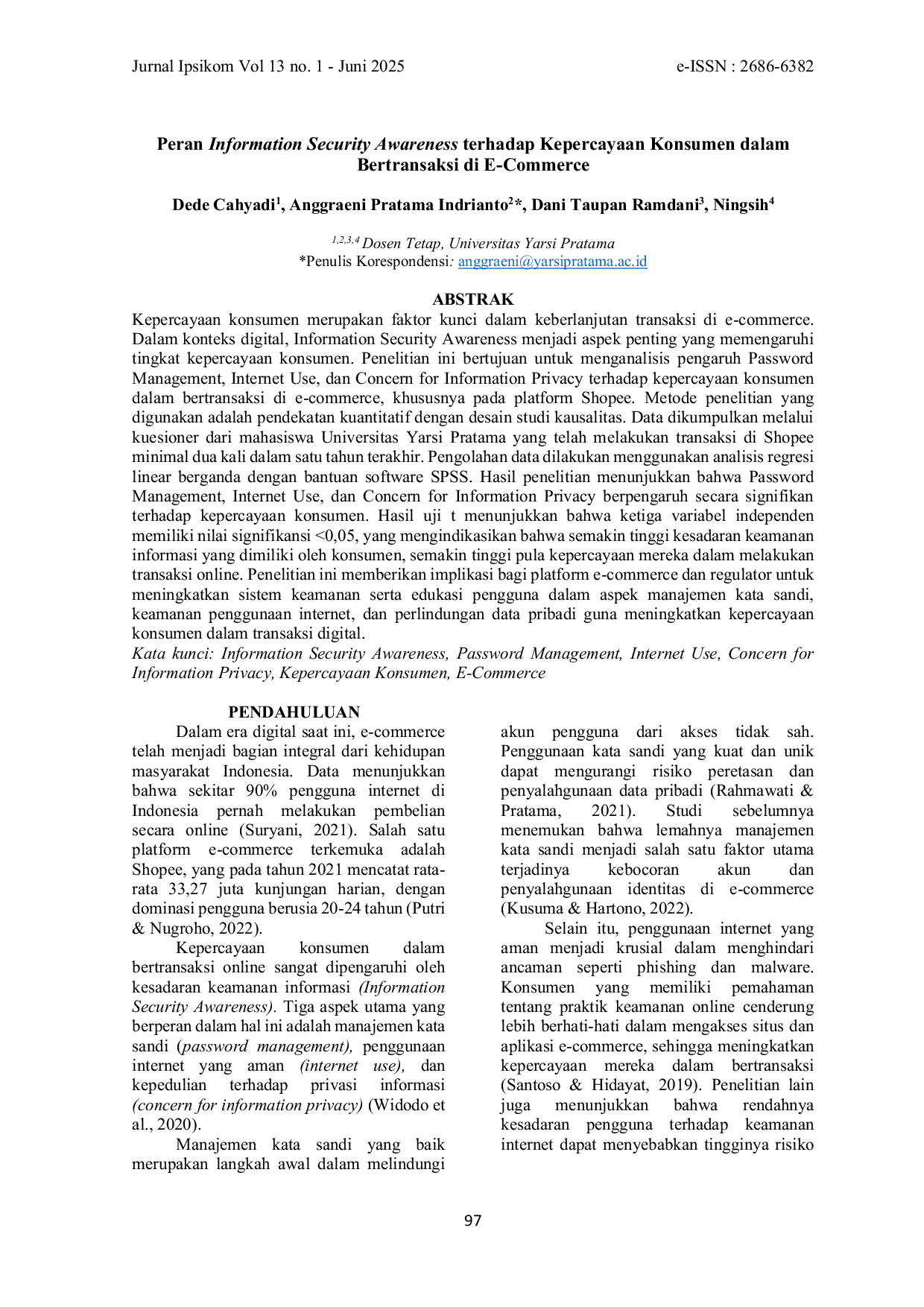 JURIS Peran Information Security Awareness terhadap Kepercayaan Konsumen dalam Bertransaksi di E Commerce