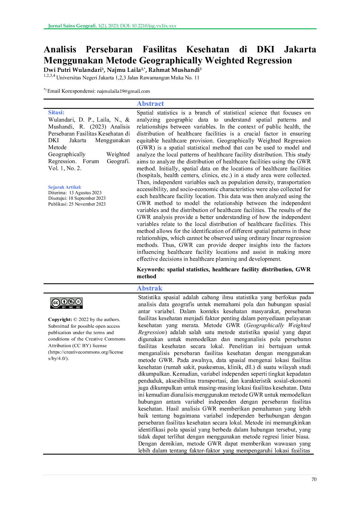 JURIS Analisis Persebaran Fasilitas Kesehatan di DKI Jakarta Menggunakan Metode Geographically Weighted Regression