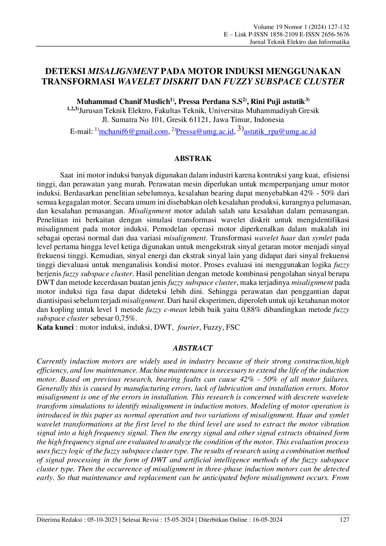 JURIS Deteksi Misalignment Pada Motor Induksi Menggunakan Transformasi Wavelet Diskrit Dan Fuzzy Subspace Cluster